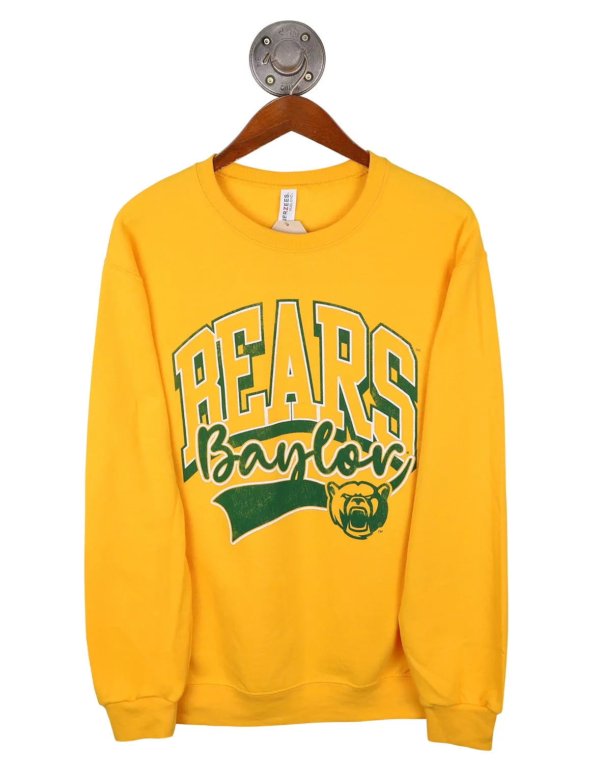 Gold Baylor University unisex crewneck sweatshirt that features "Bears" and a Bears logo with white and green lettering.
