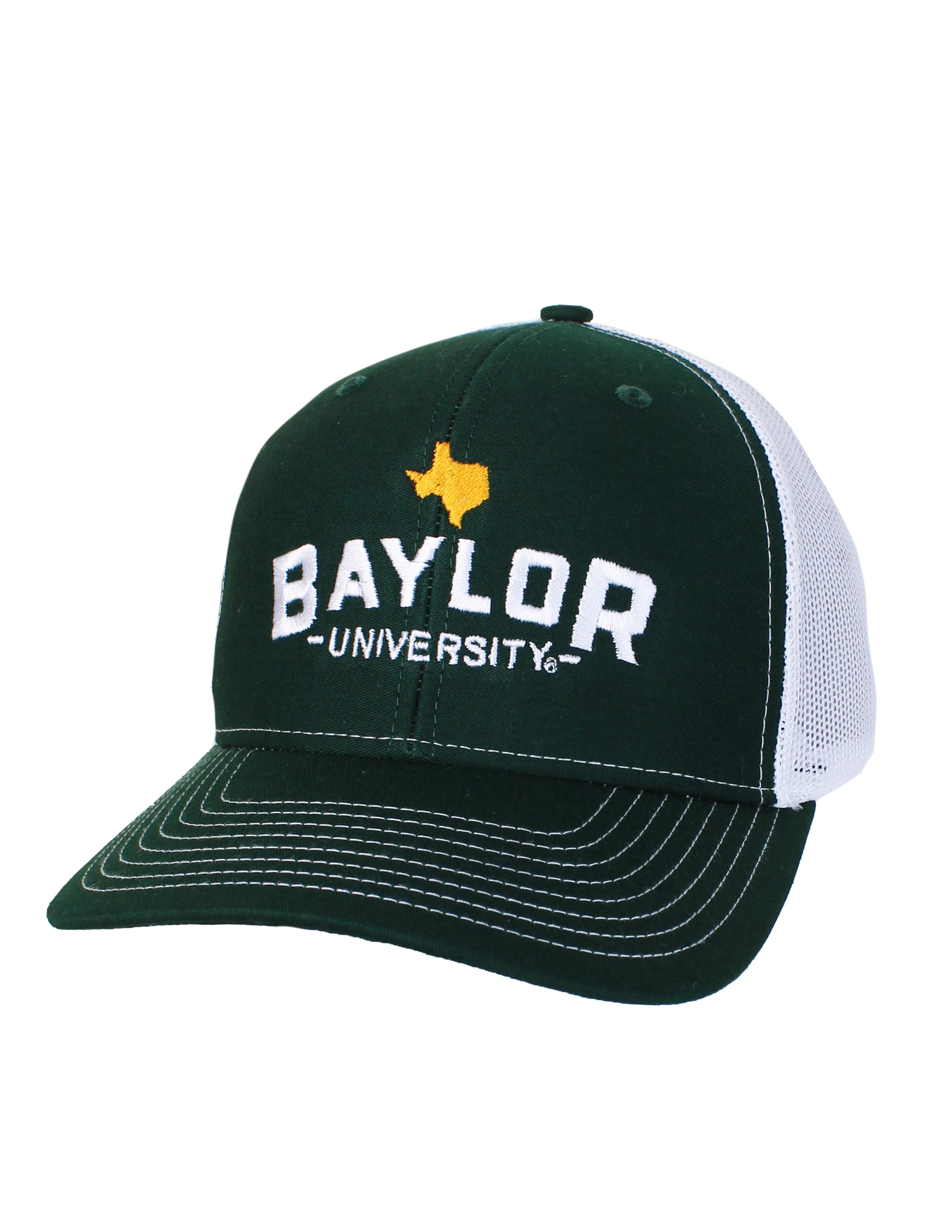 Green Baylor University hat that features a white mesh back with white and gold stitching on the front.