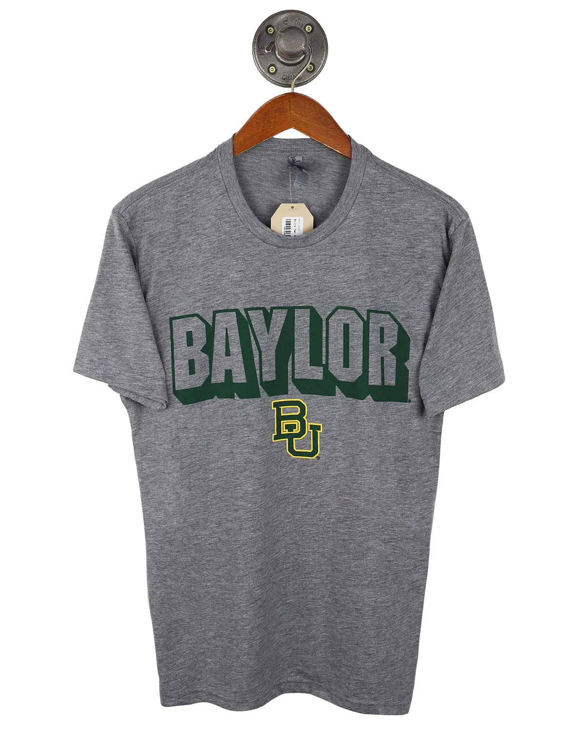 Heather grey Baylor university unisex t-shirt that features green "Baylor" text with a BU logo underneath.