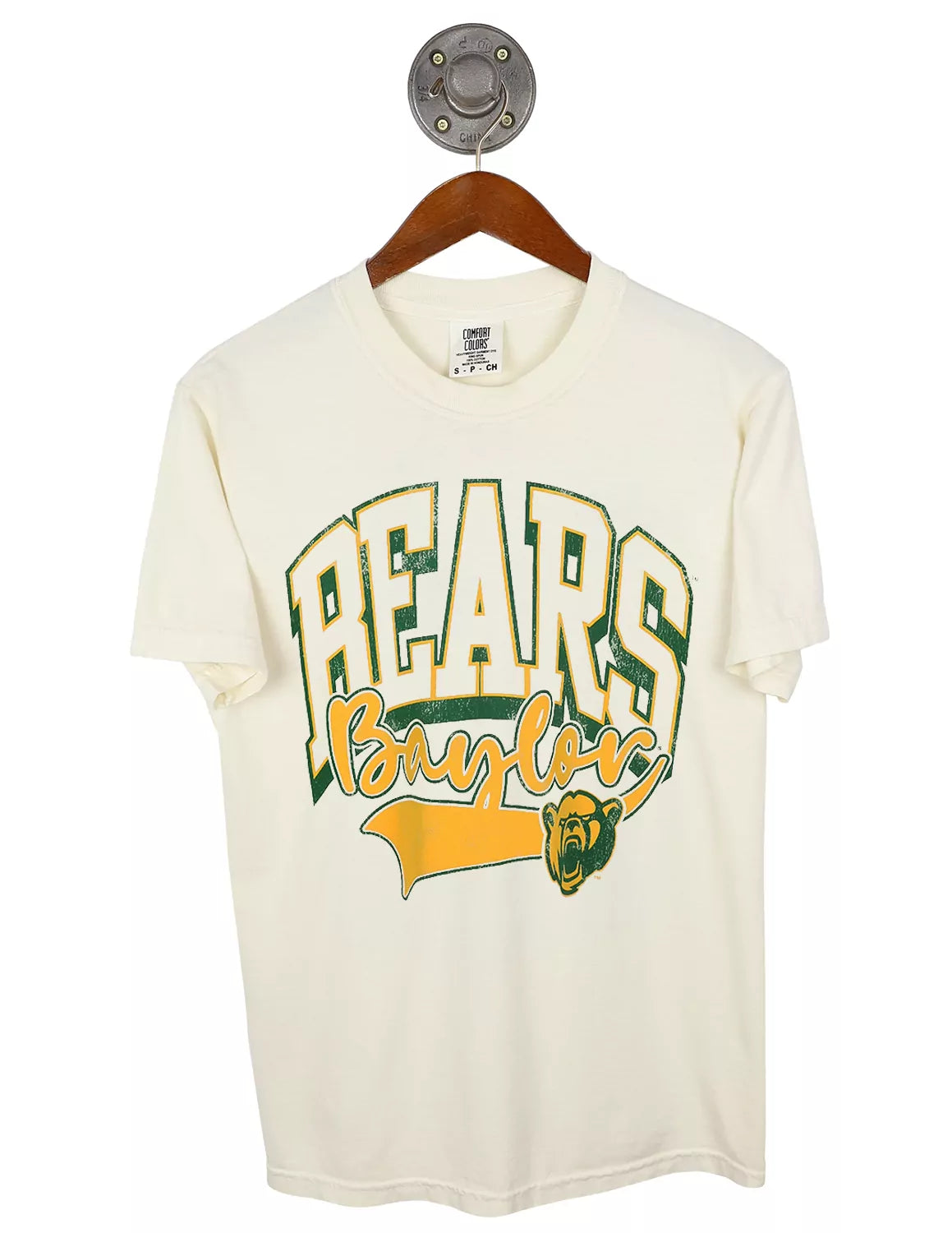 Ivory Baylor University Comfort Colors unisex t-shirt featuring a Bears logo with green and gold lettering.