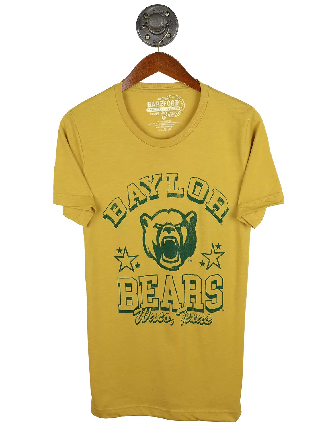 Mustard unisex Baylor University t-shirt featuring a Baylor Bear logo with green stars and lettering.