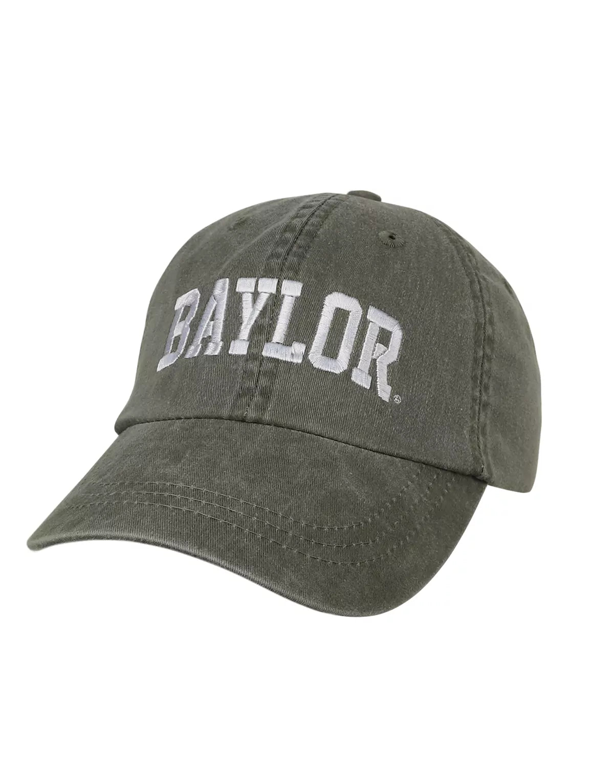 Olive green Baylor University adjustable hat with white stitching.