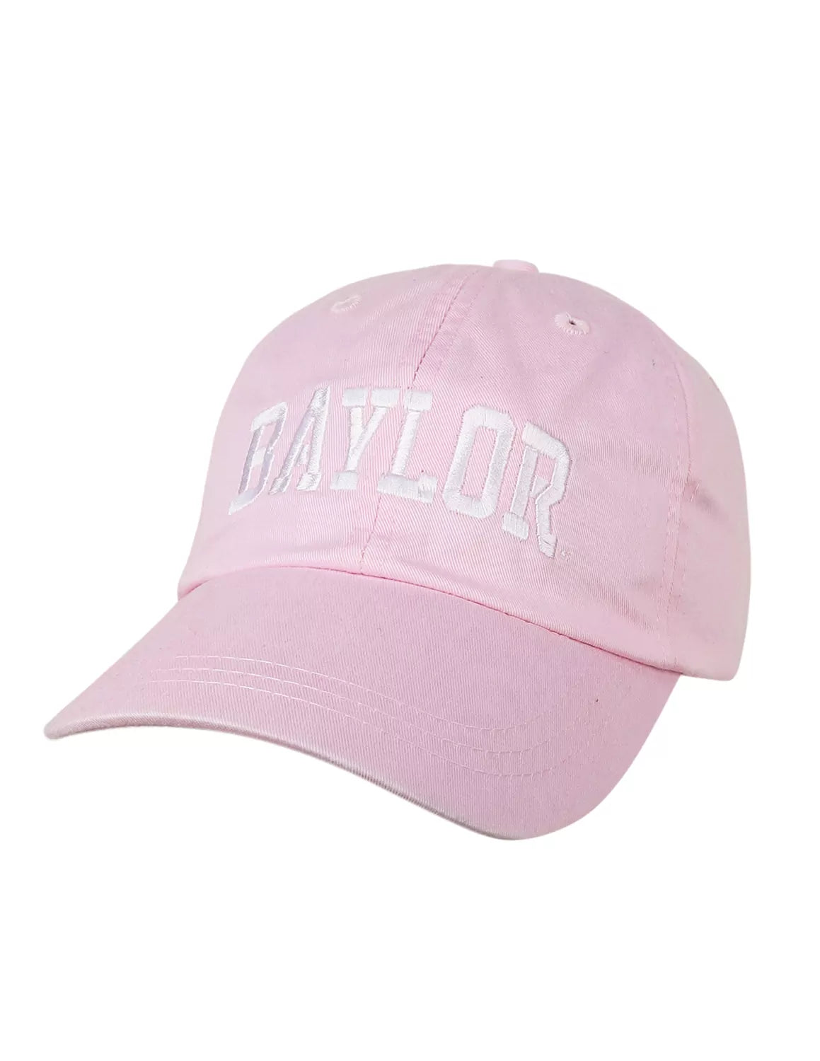 Pink Baylor University adjustable hat with white stitching.