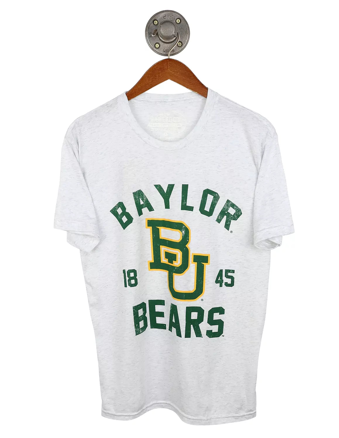 Heather white Baylor University unisex short-sleeve t-shirt with green and gold lettering and a BU logo.