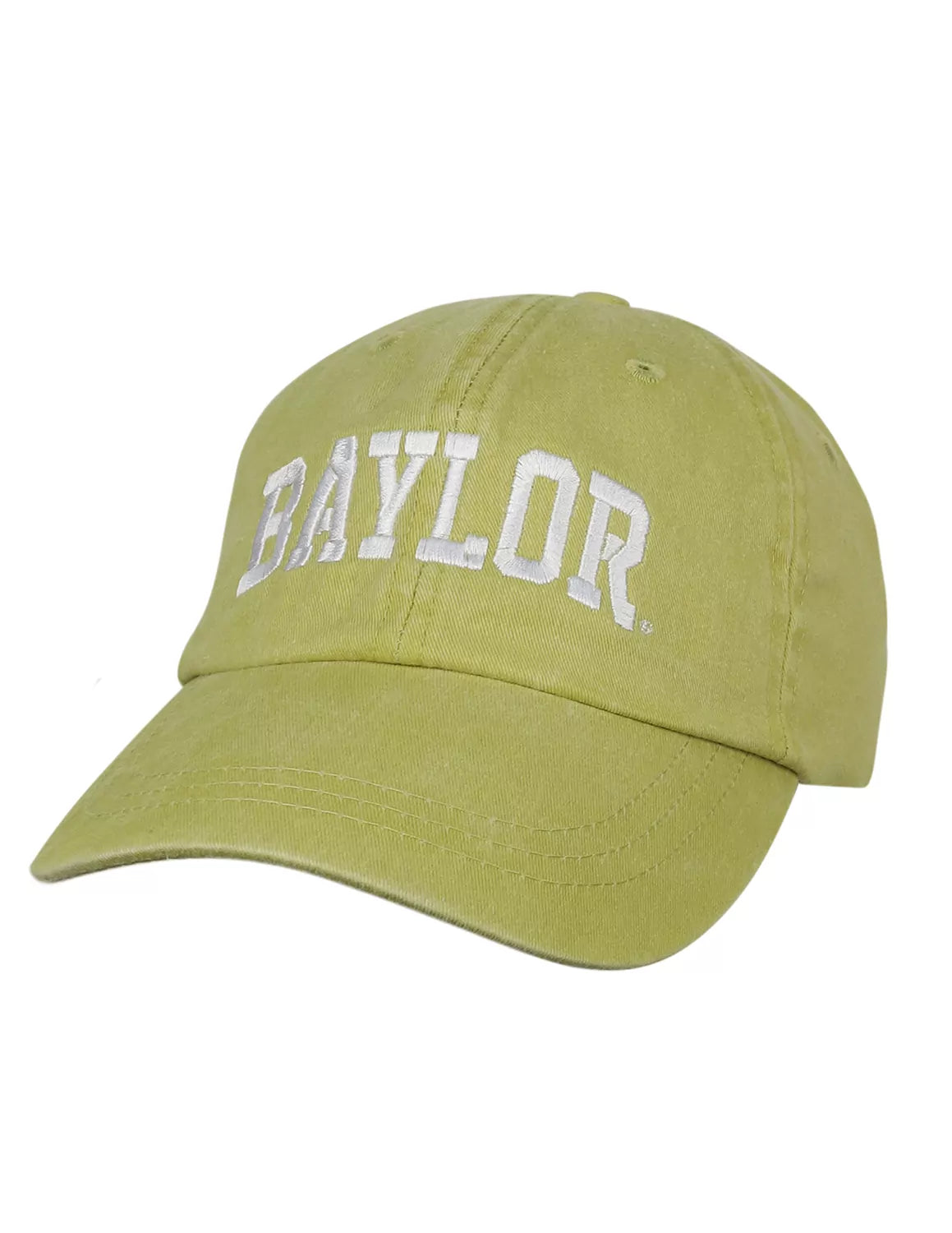 Yellow Baylor University adjustable hat with white stitching.