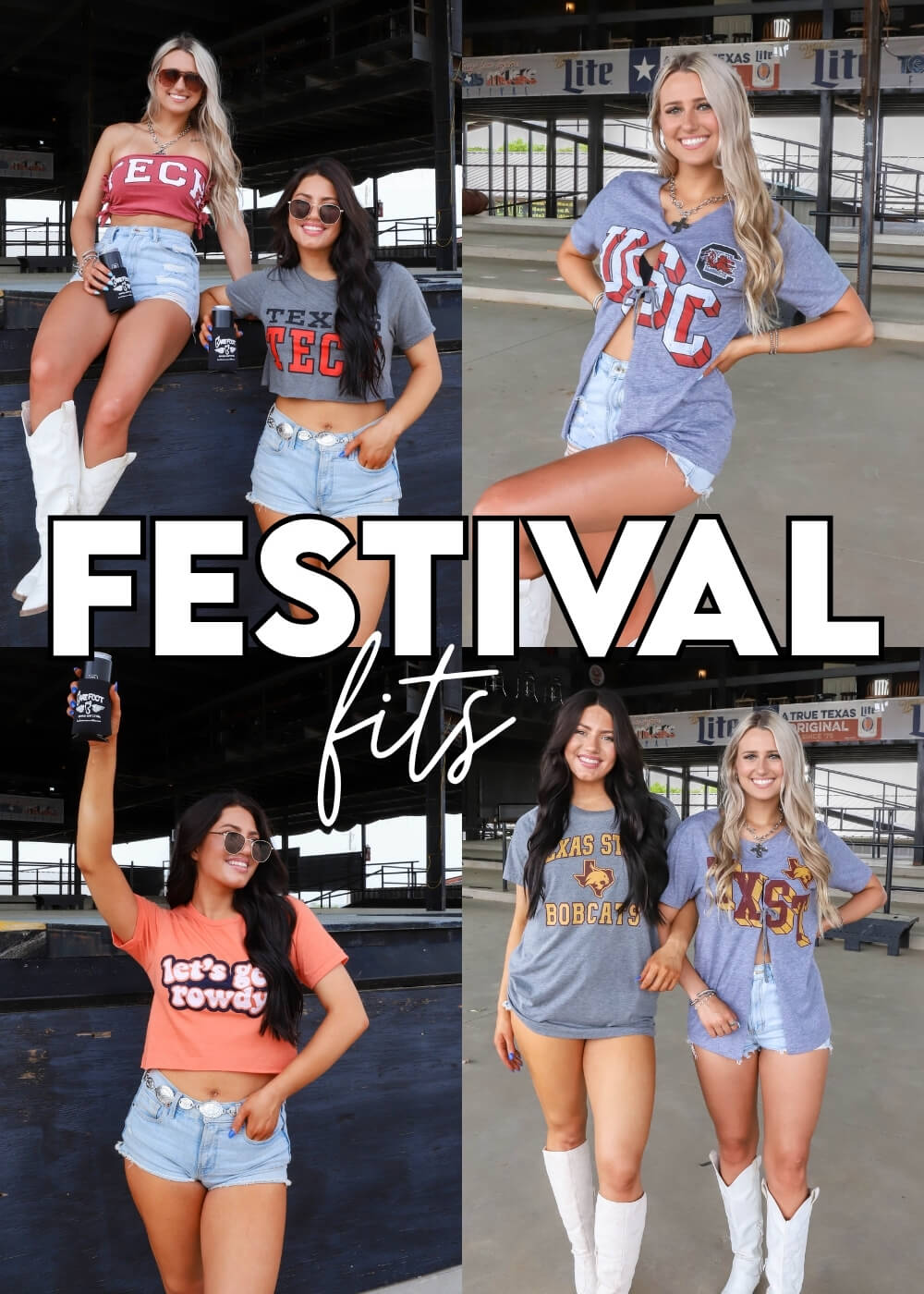 Girls wearing cut up collegiate tees at a music festival