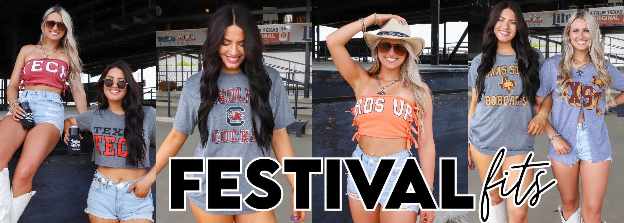 Girls wearing cut up collegiate tees at a music festival