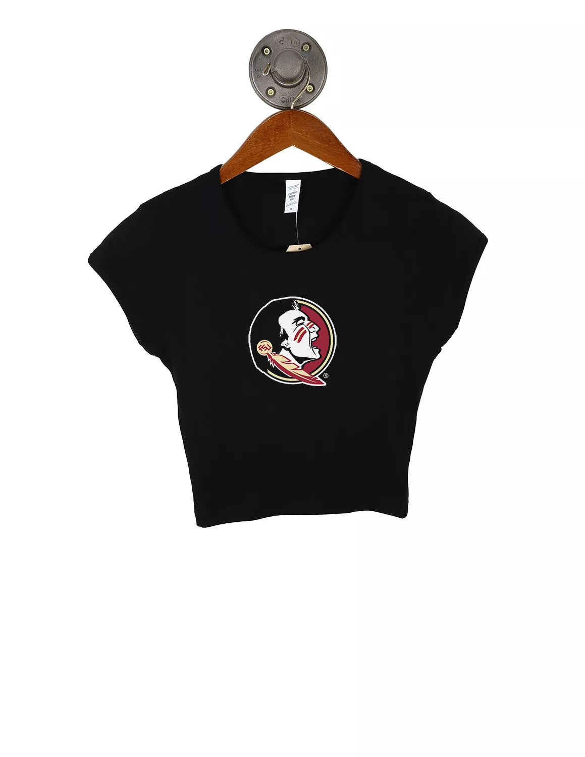 Black Florida State University crop ribbed tee that features a Seminole logo print on the front.