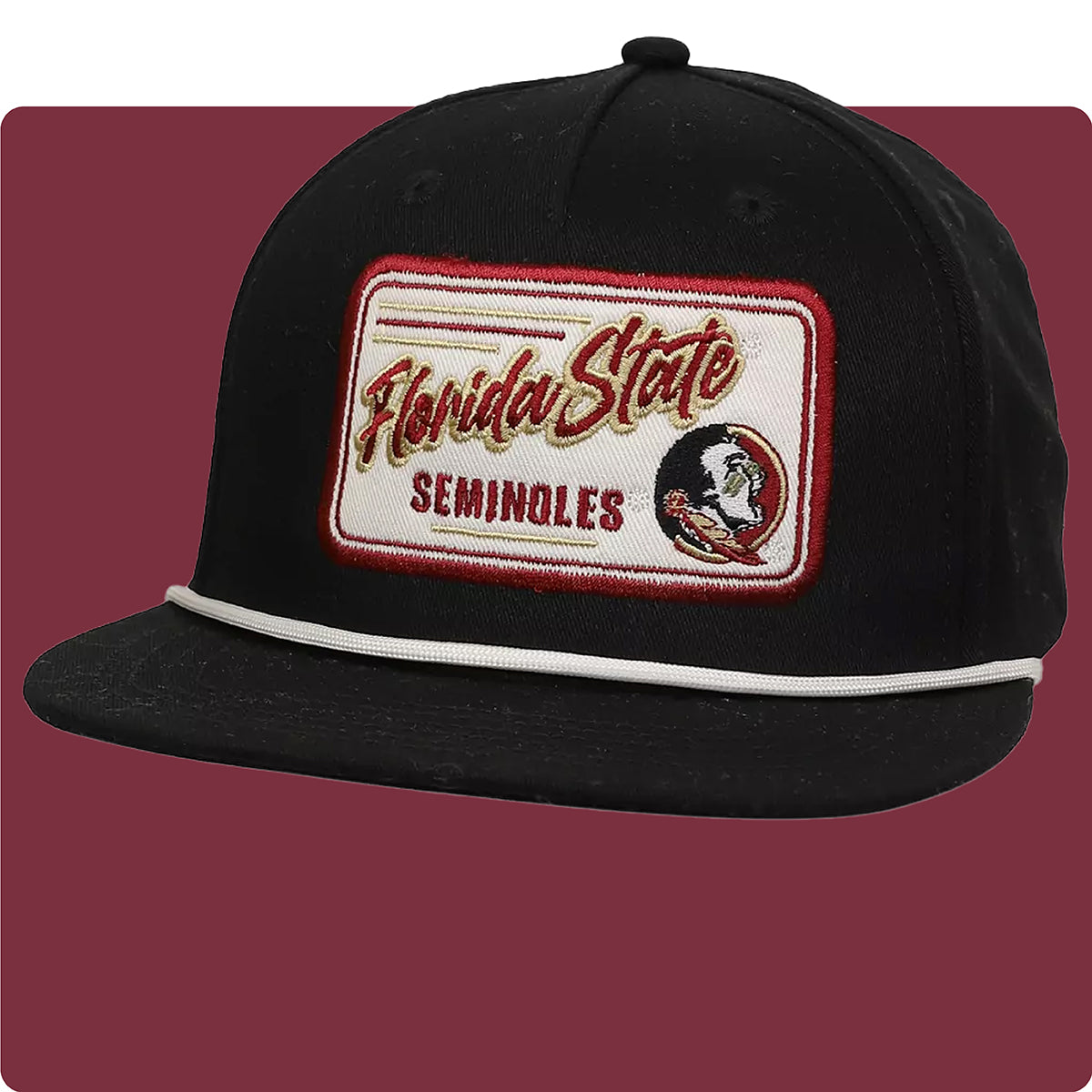 Black unisex Florida State University rope hat with a FSU patch on a garnet background