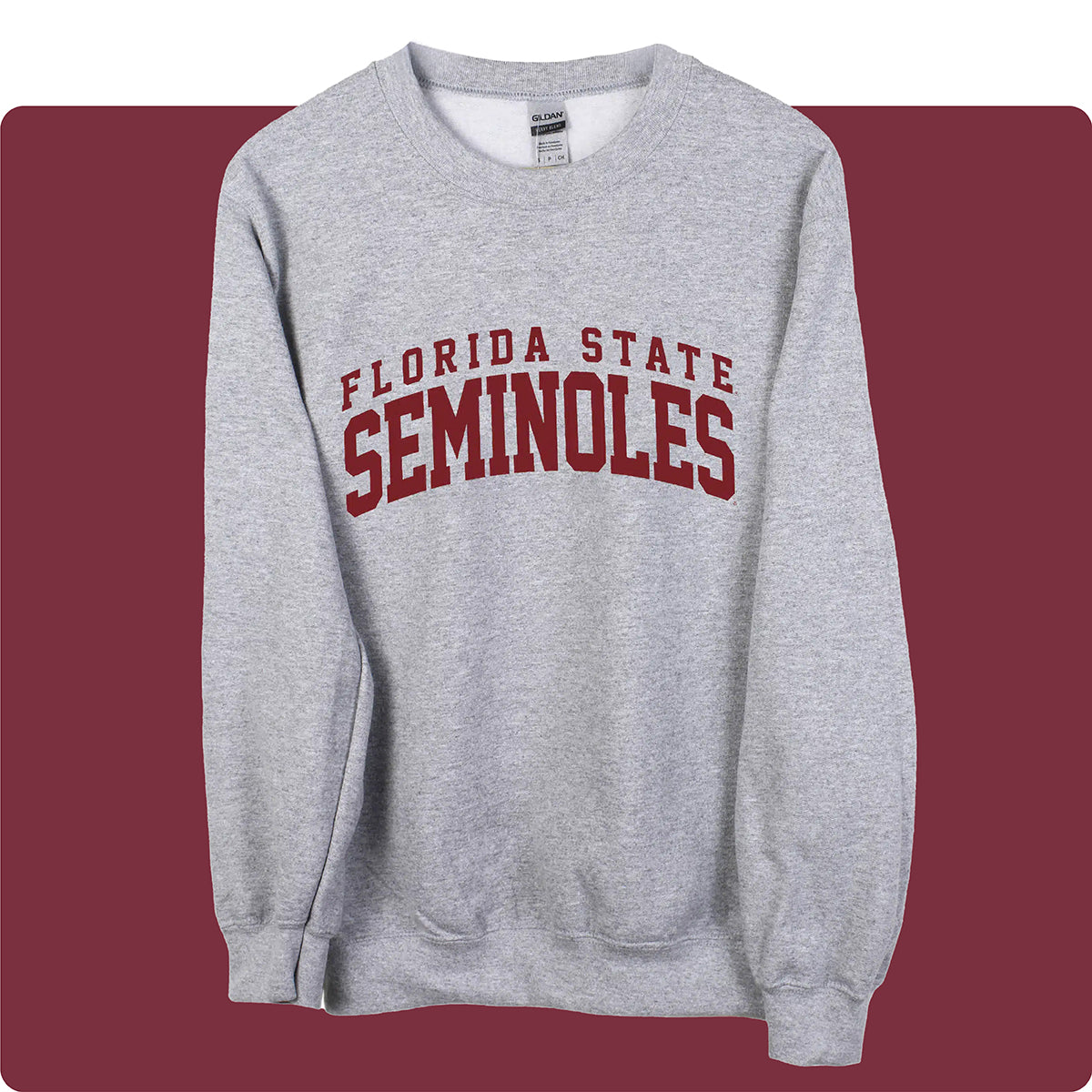 Grey unisex Florida State University crewneck with garnet lettering on a garnet background