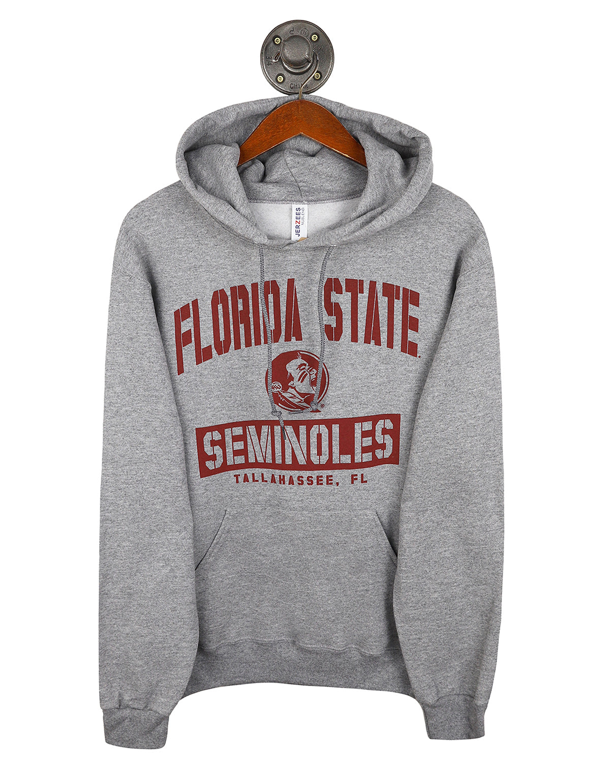 Heather grey Florida State University unisex hoodie that features a FSU logo in the middle with garnet lettering.
