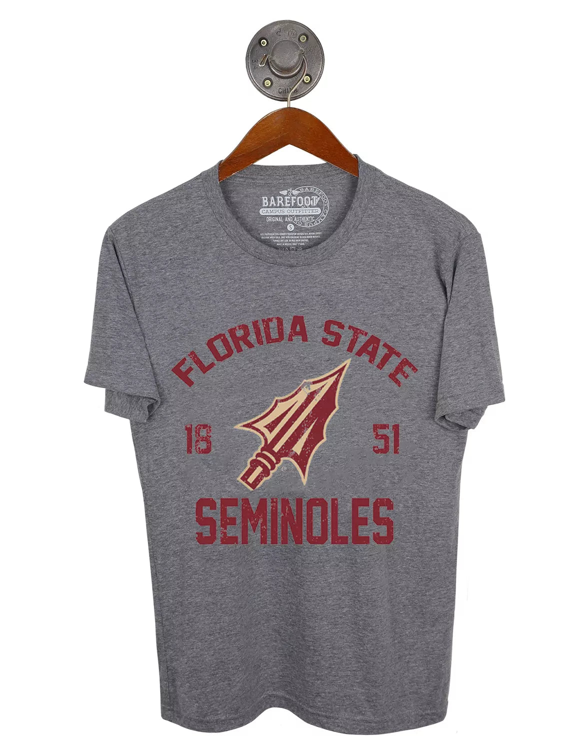 Dark heather grey Florida State University unisex t-shirt featuring a Spear logo with garnet lettering.