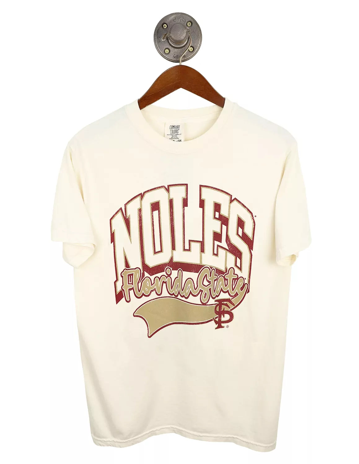 Ivory Florida State University Comfort Colors unisex t-shirt featuring a FSU logo with garnet and gold lettering.