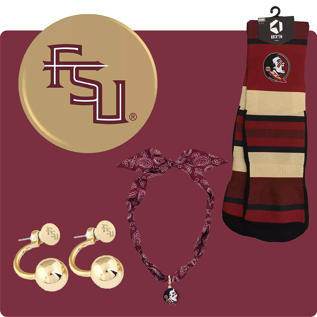 FSU themed game day accessories on a garnet background