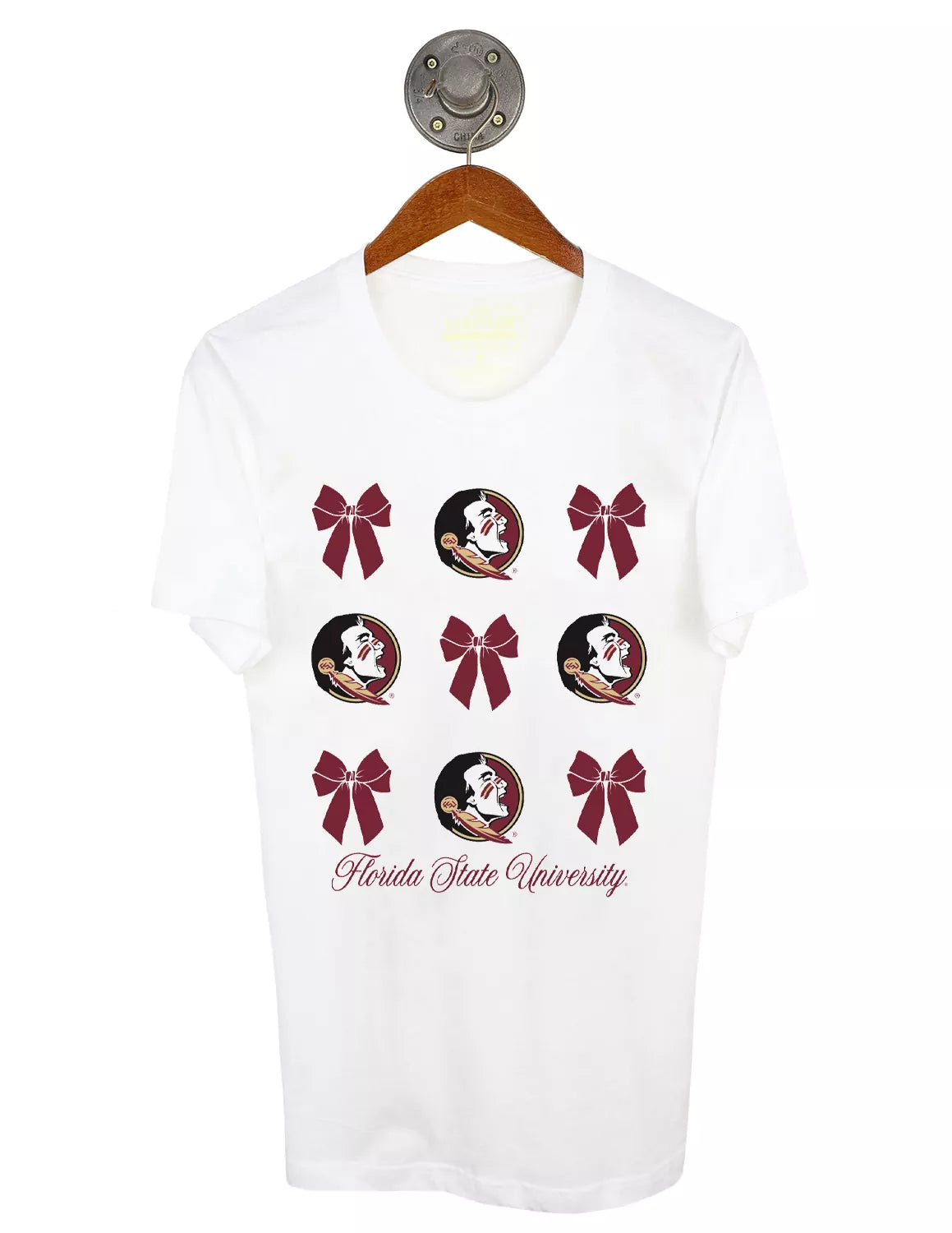 White Florida State University unisex t-shirt that features an alternating bow graphic and Seminole logo stacked going down the shirt and garnet lettering at the bottom.