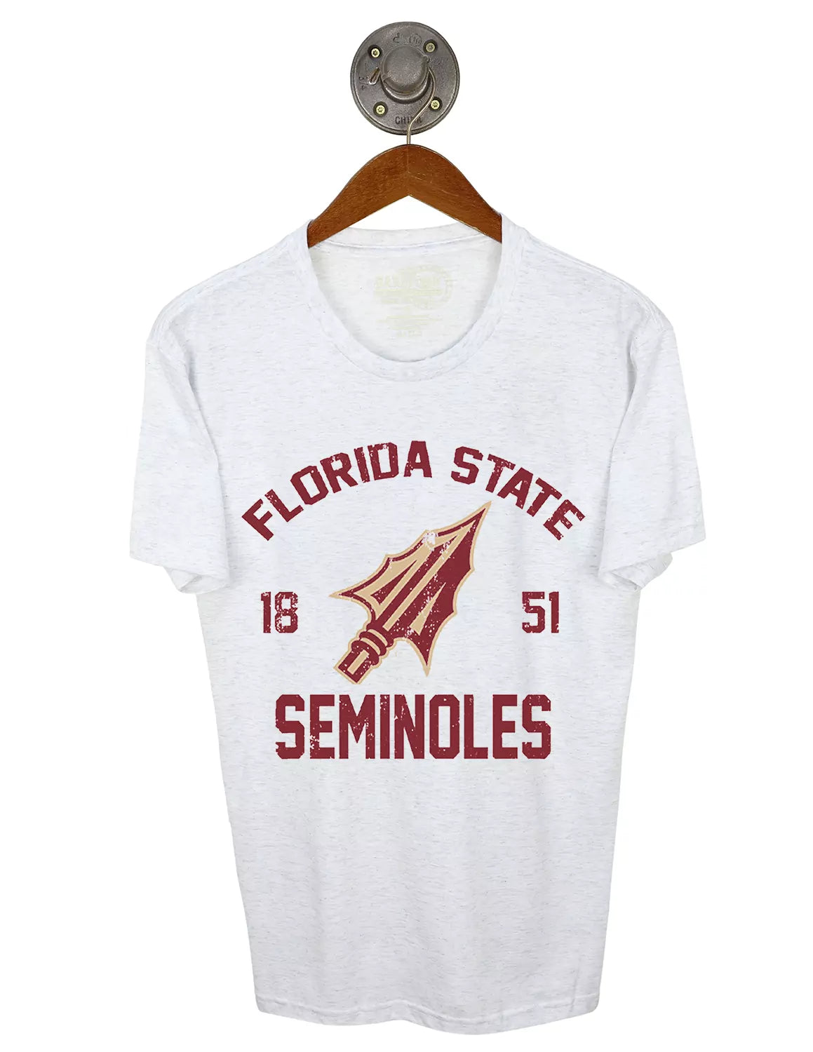 Heather white Florida State University unisex t-shirt featuring a Spear logo with garnet lettering.