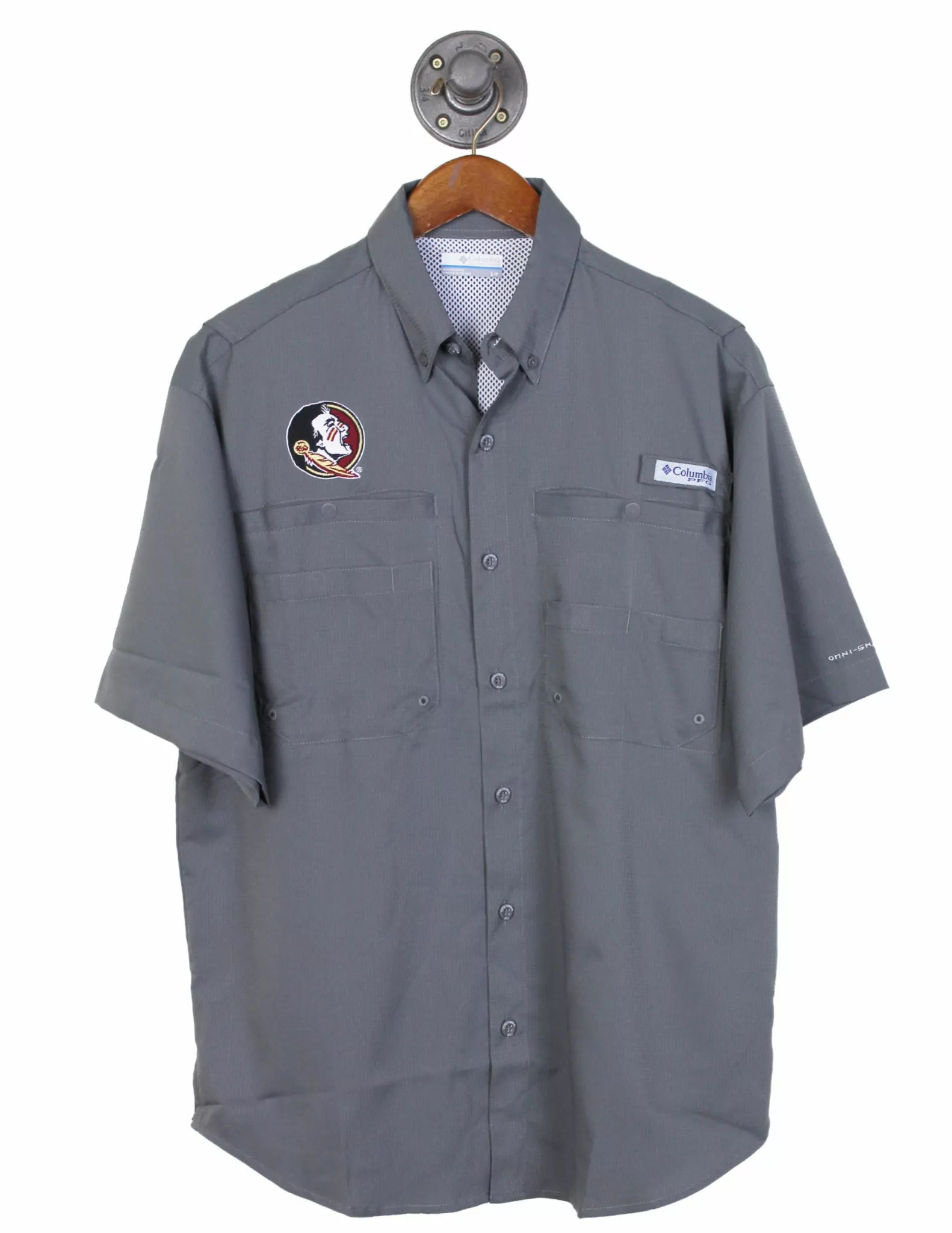 Grey Florida State University Columbia Tamiami featuring a Seminole logo on the right chest and a mesh back.