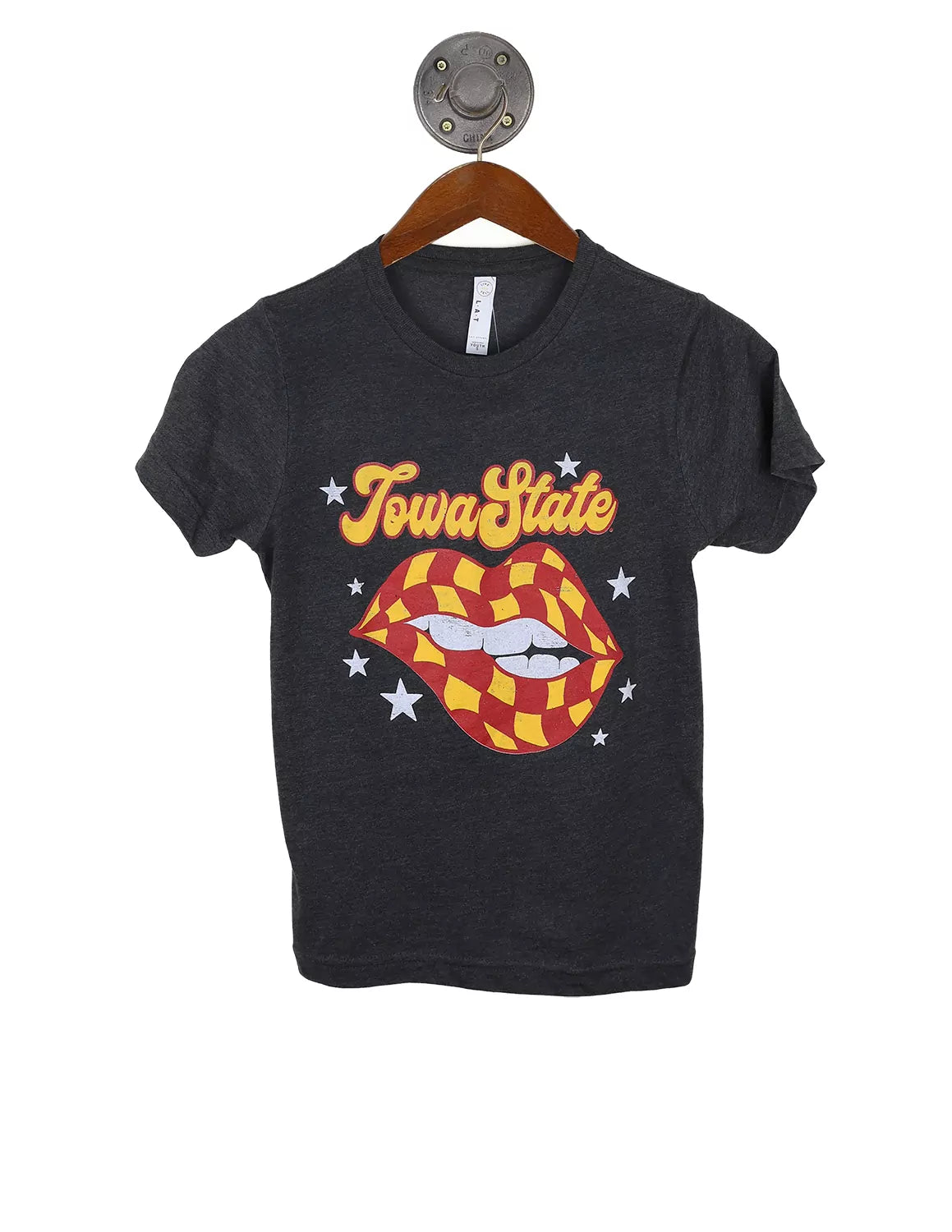 Black youth Iowa State University t-shirt that features a checkered lips graphic with white stars and gold lettering.