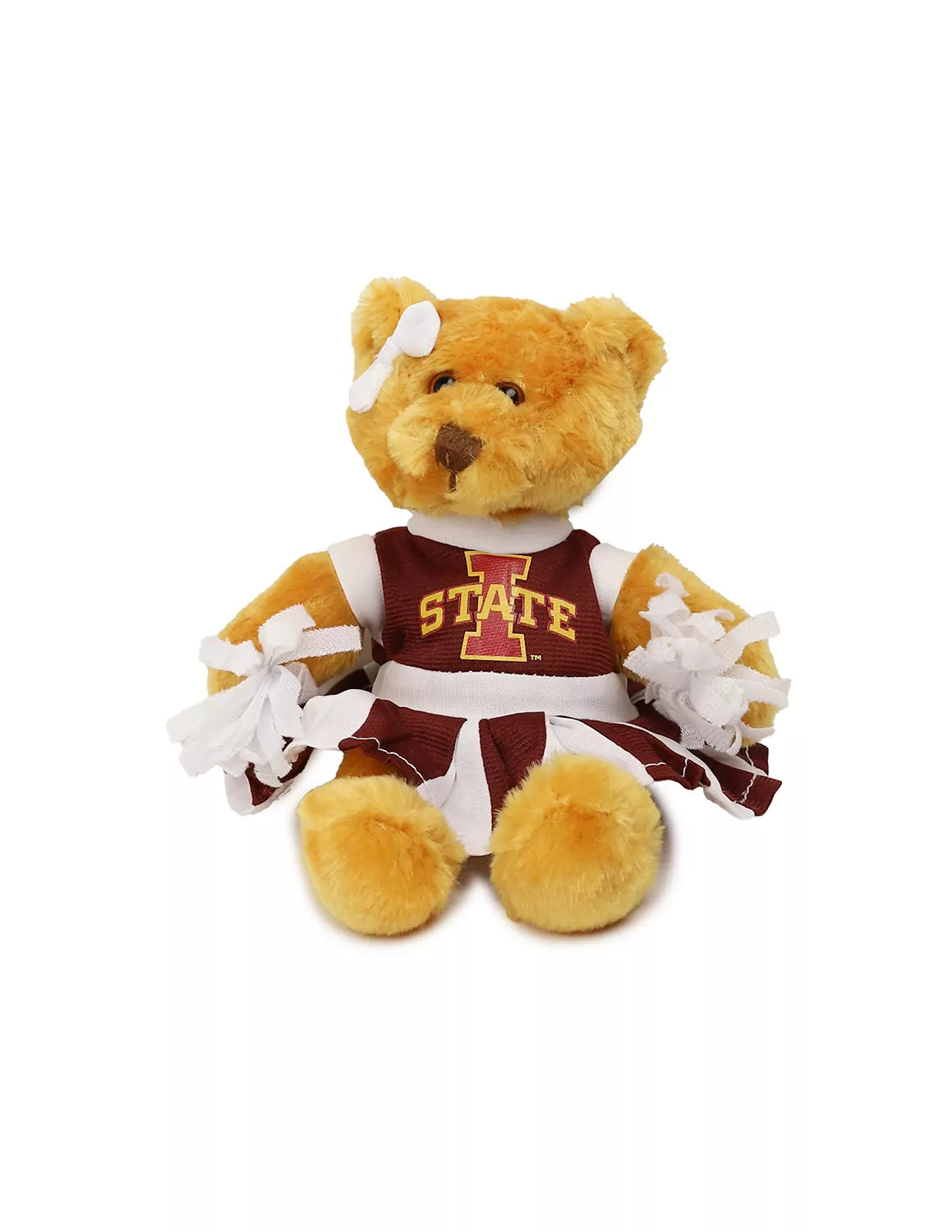 Brown plush teddy bear wearing a cardinal and gold Iowa State University cheerleader outfit with the ISU logo on the chest.