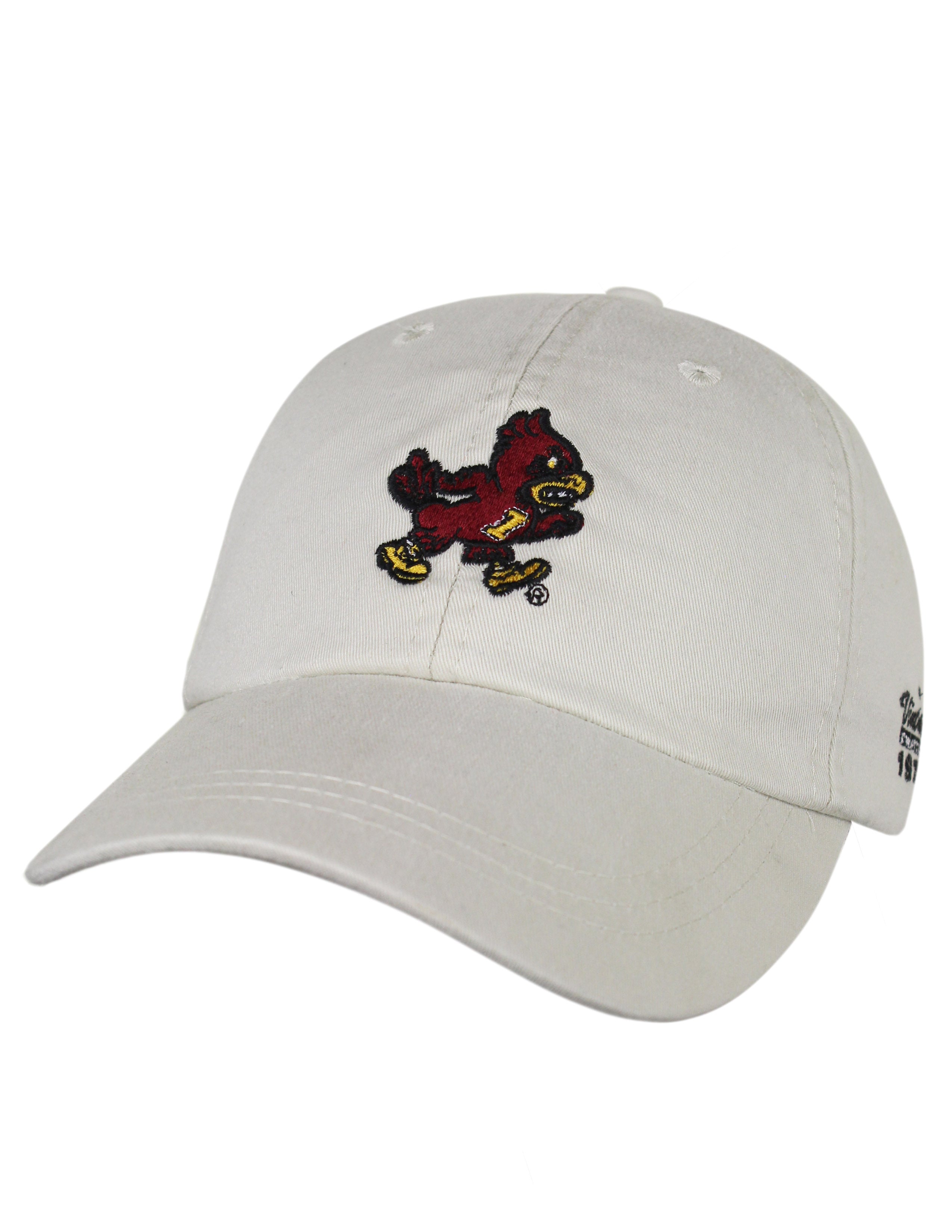 Ivory Iowa State University hat that features a Cyclones patch on the front.