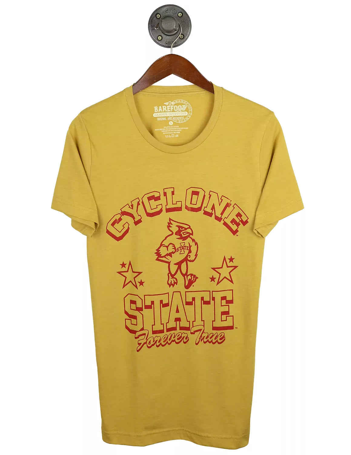 Mustard unisex Iowa State University t-shirt with a Cyclone logo and red stars and lettering.