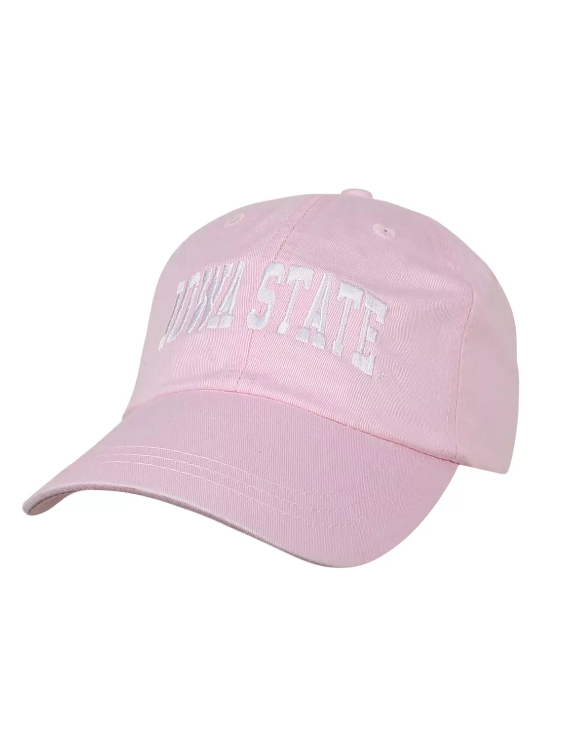 Pink unisex Iowa State University adjustable hat with white stitching.