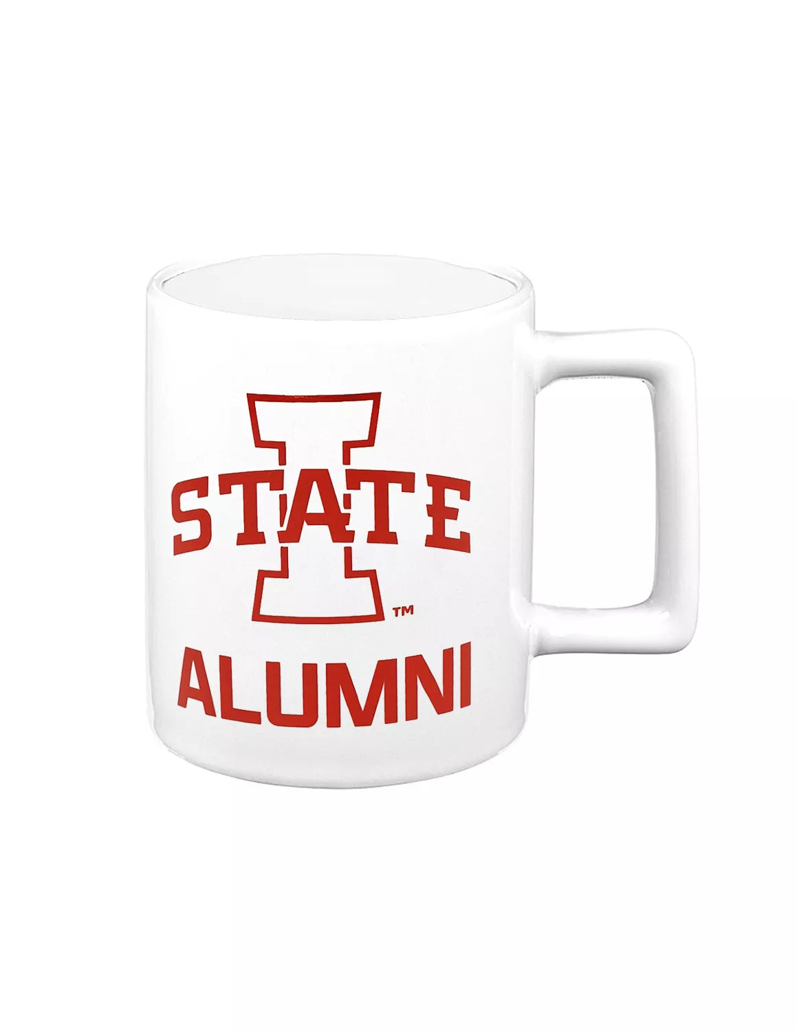 White Iowa State University ceramic mug that features an Iowa State logo and "alumni" mug.