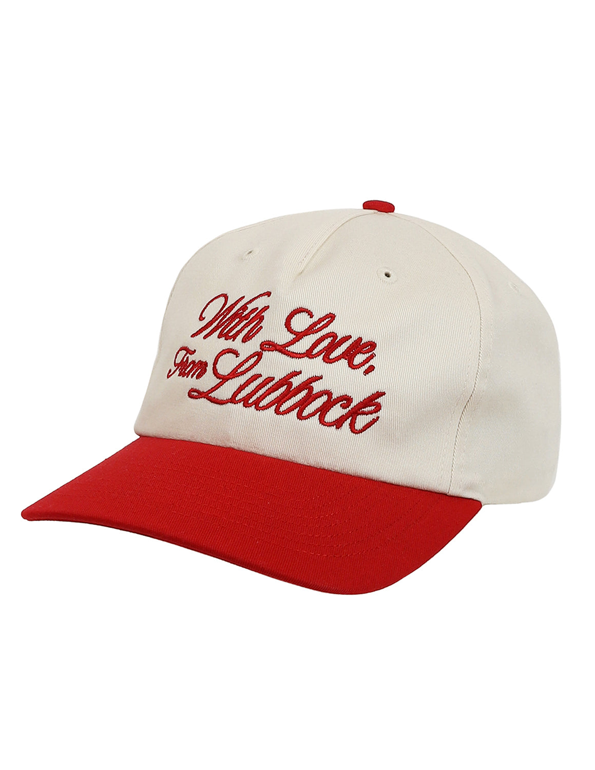 Cream and red Lubbock, TX unisex hat that features red stitching.