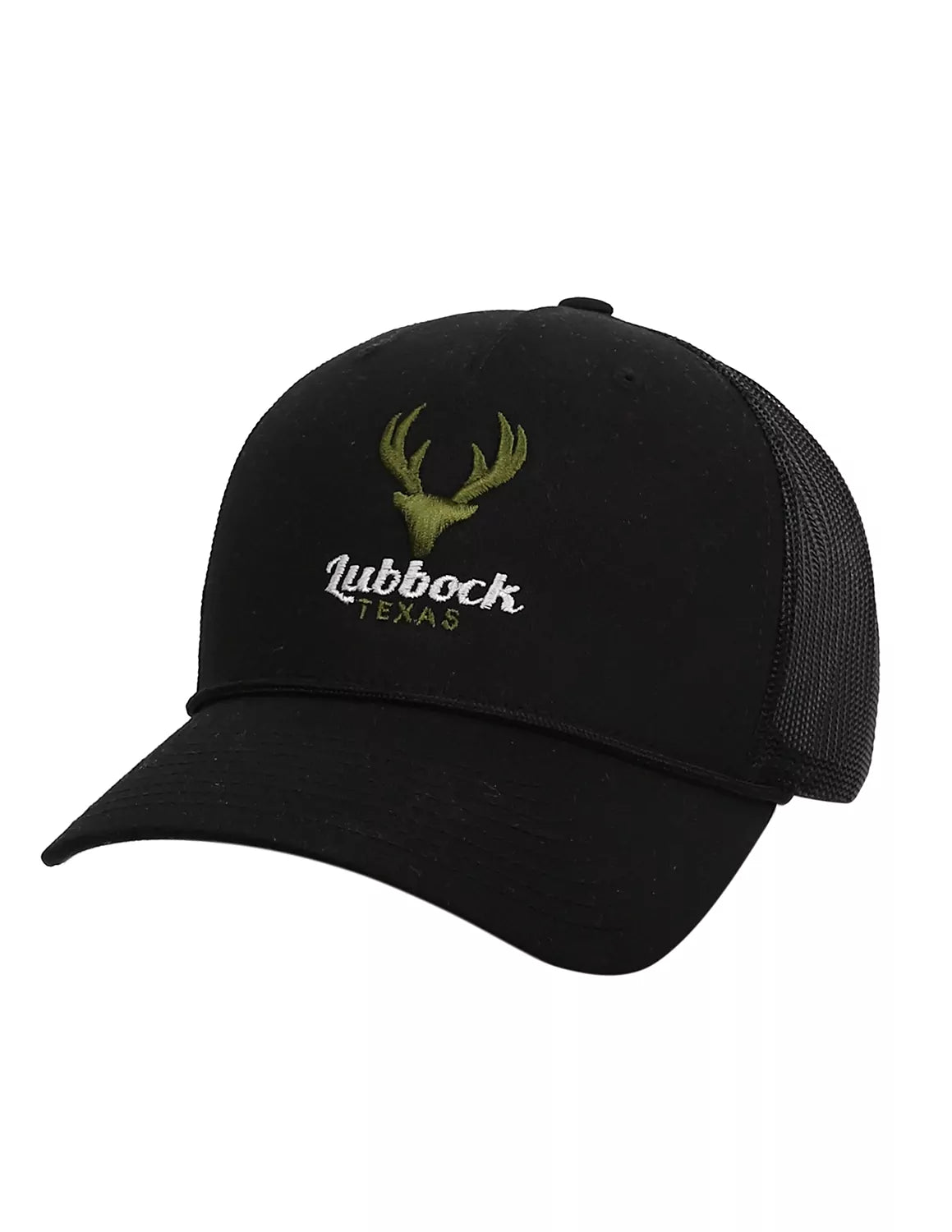 Black Lubbock hat with a black brim rope detail that features an elk head with antlers in green stitching and green and white lettering.