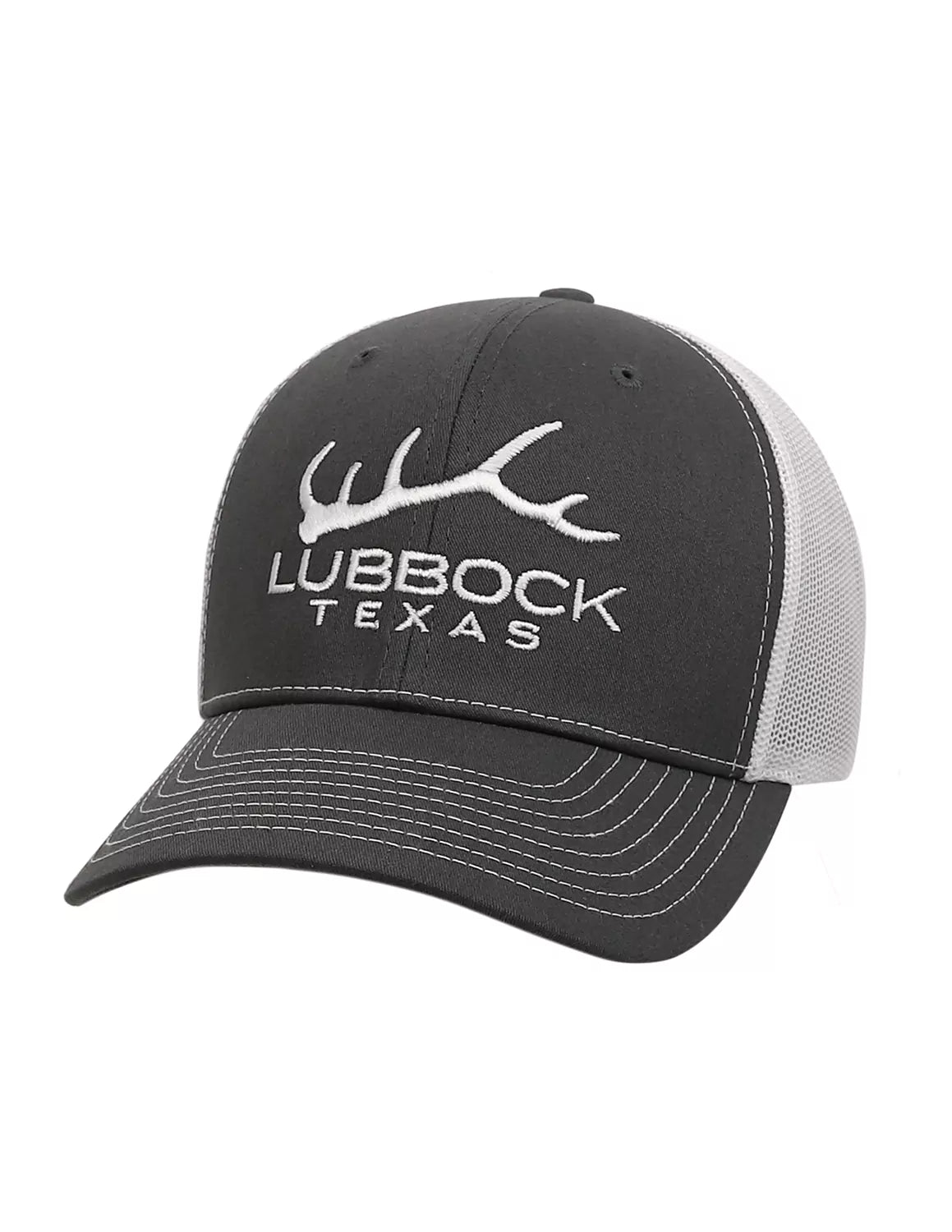 Charcoal Lubbock adjustable white mesh back hat features an elk antler and a white Lubbock, Texas embroidery.