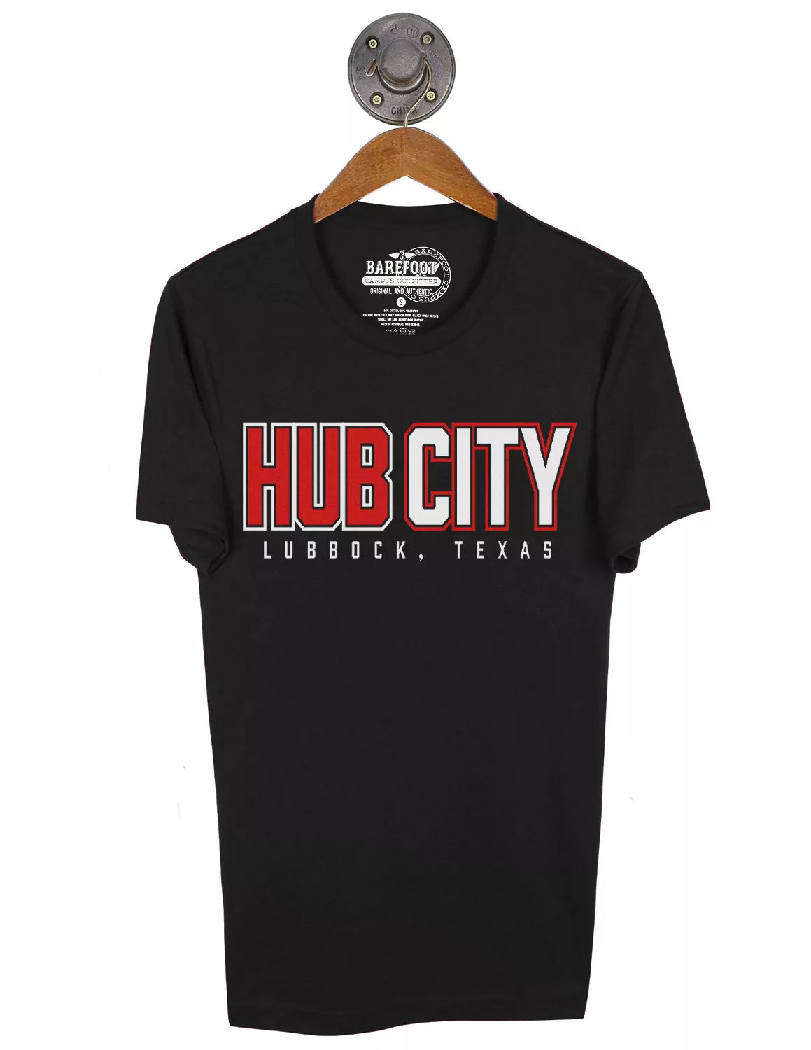 Black Lubbock, TX unisex t-shirt that features "Hub City" text in white and red print.