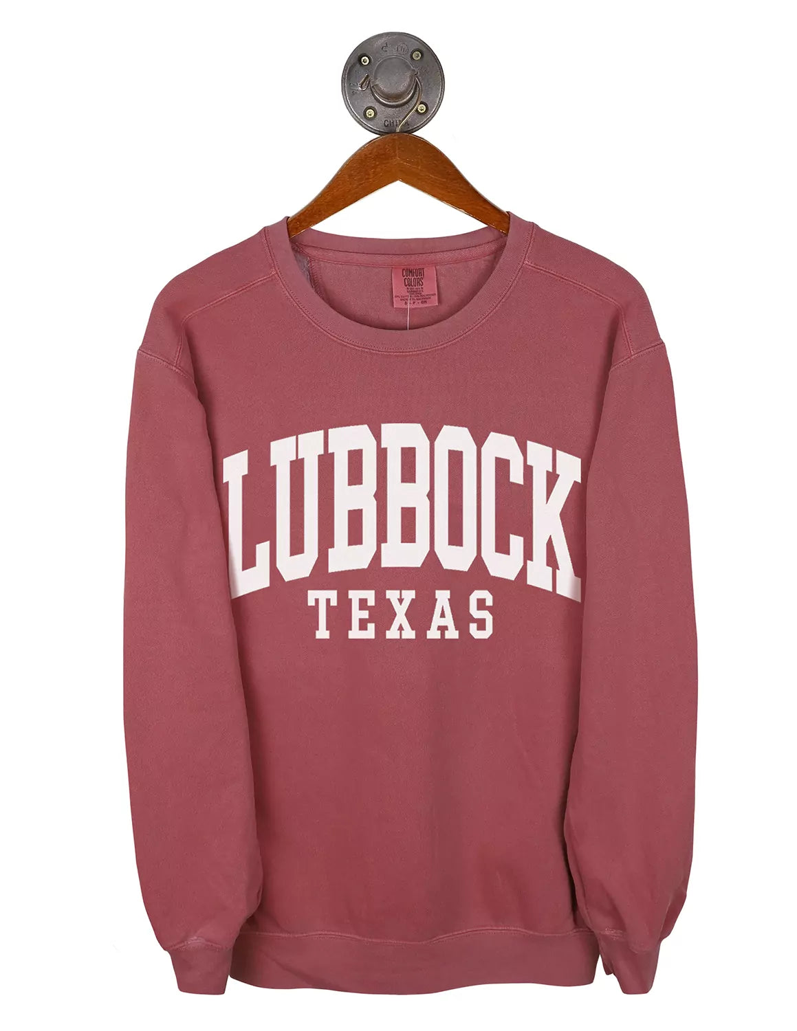 Crimson unisex Lubbock, Tx crewneck sweatshirt with white lettering.