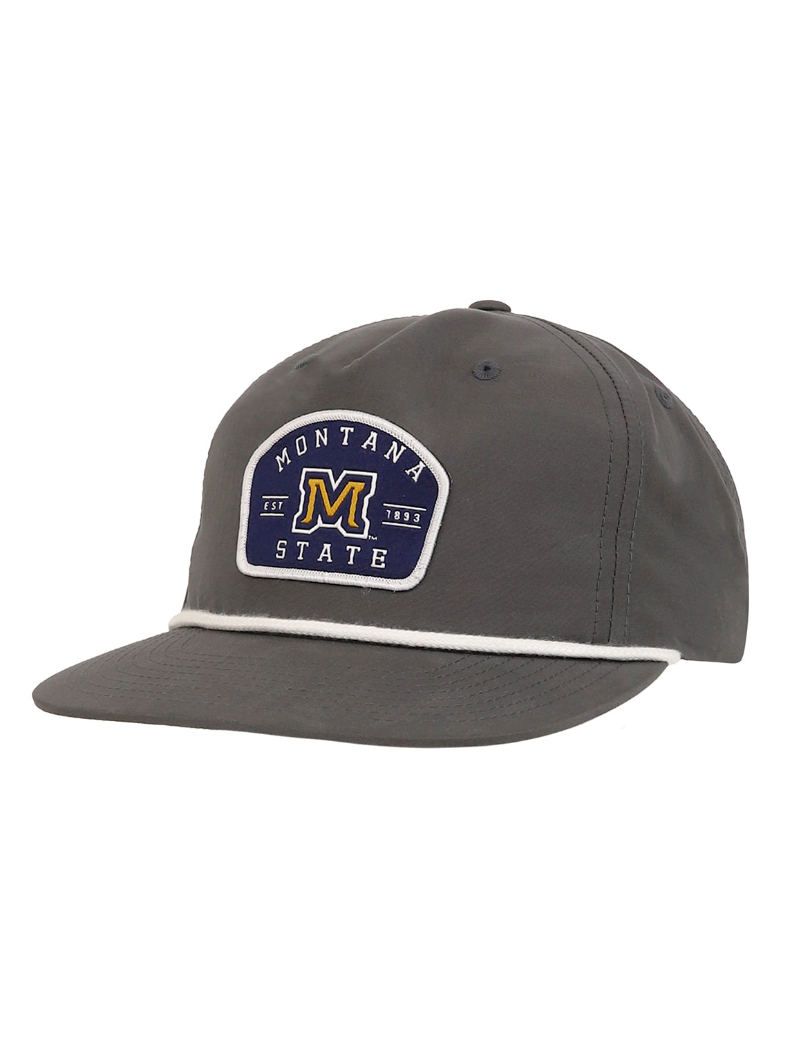 Grey Montana State University rope hat that features a white brim rope detail and a patch on the front.