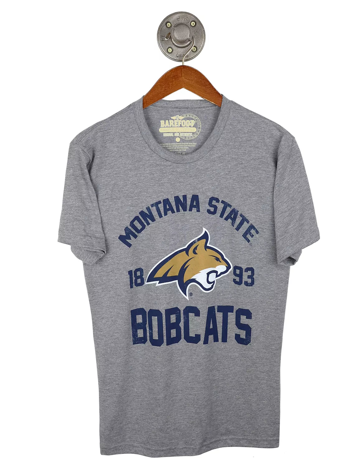 Heather grey Montana State University unisex t-shirt featuring a Bobcat logo with blue lettering.