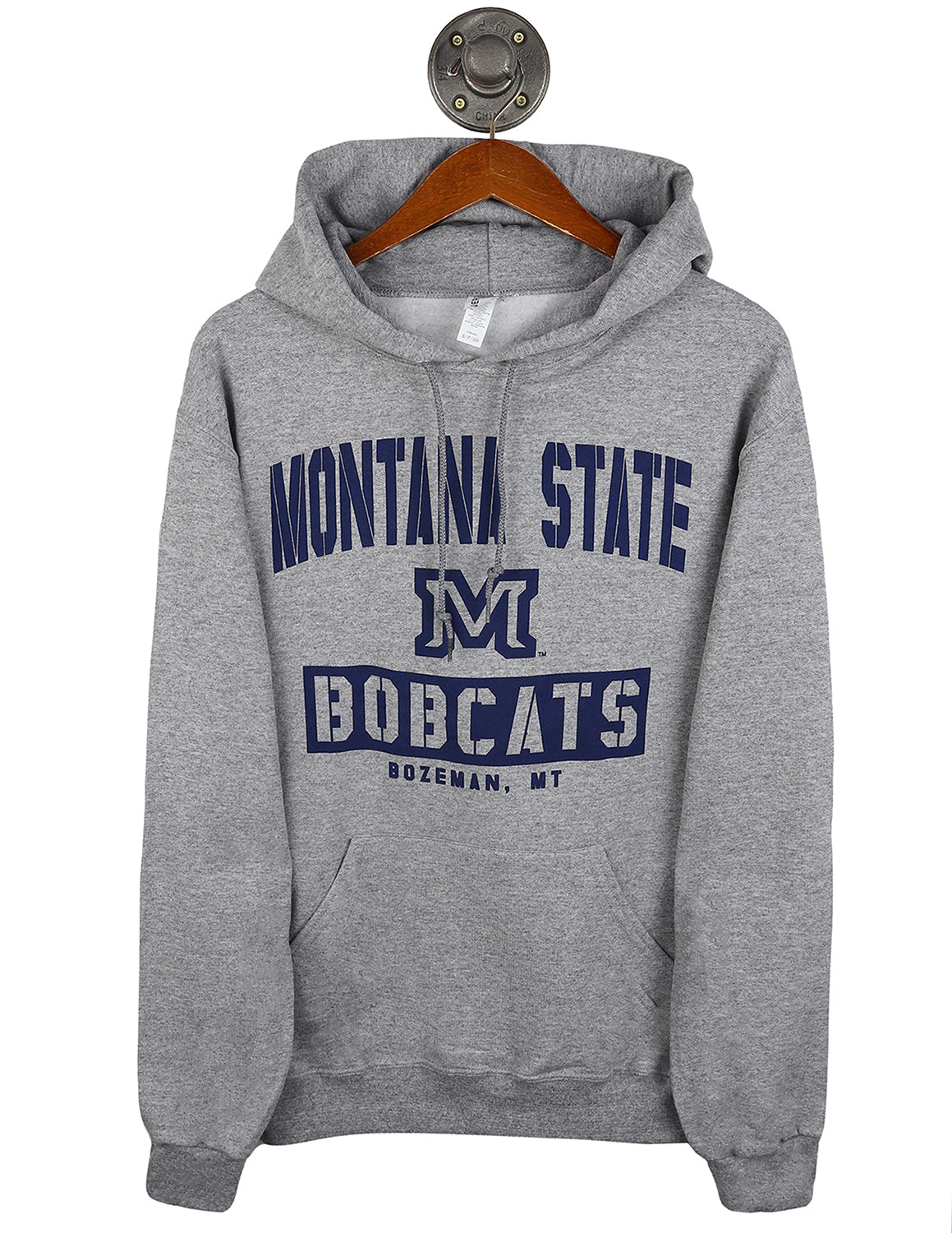Heather grey Montana State University unisex hoodie that features a MSU logo in the middle with blue lettering.