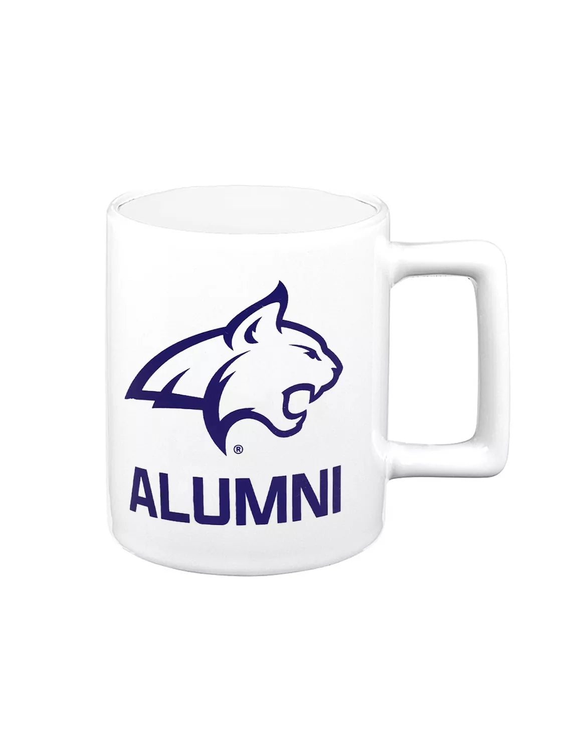 White Montana State University ceramic mug that features a bobcat logo and "alumni" text.