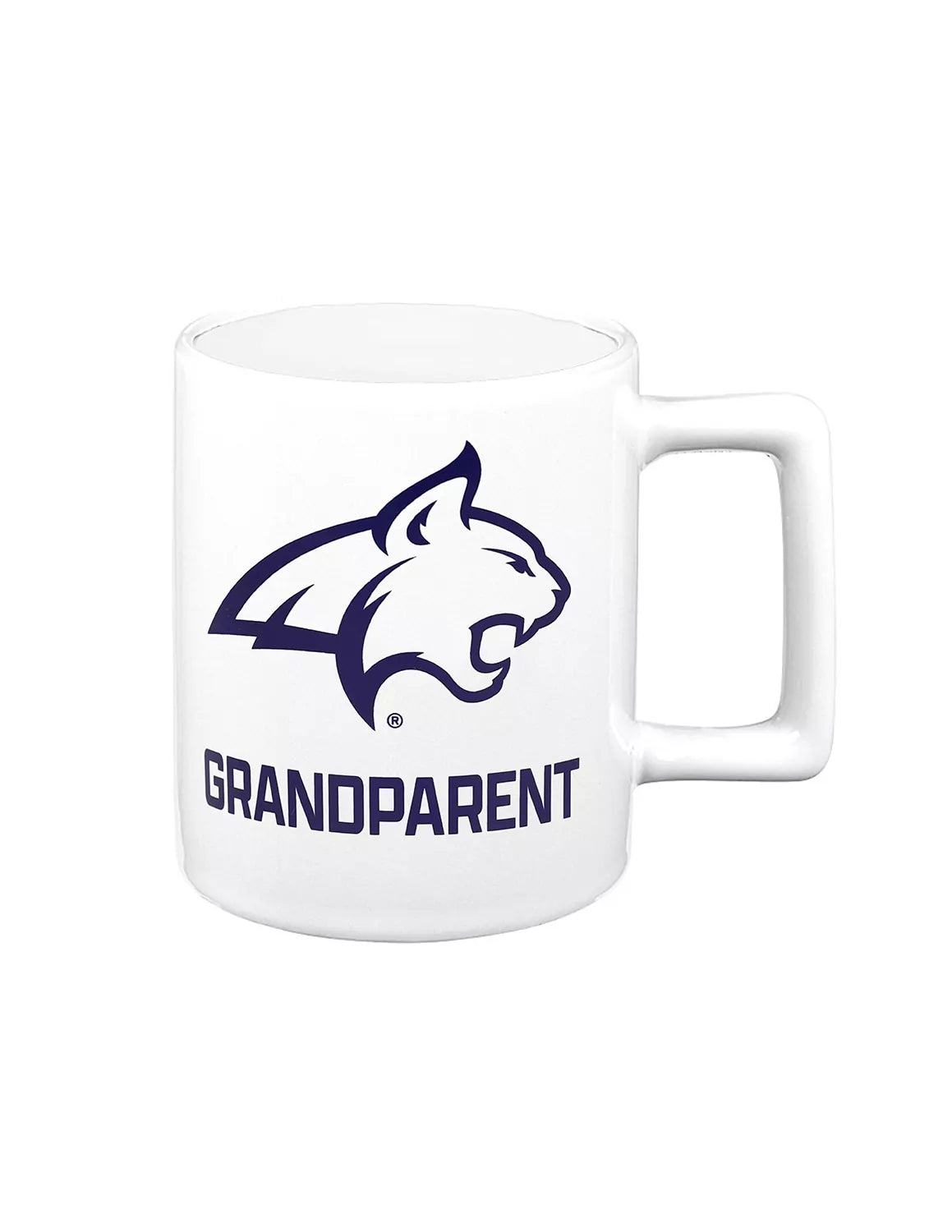 White Montana State University ceramic mug that features a bobcat logo and "grandparent" text.