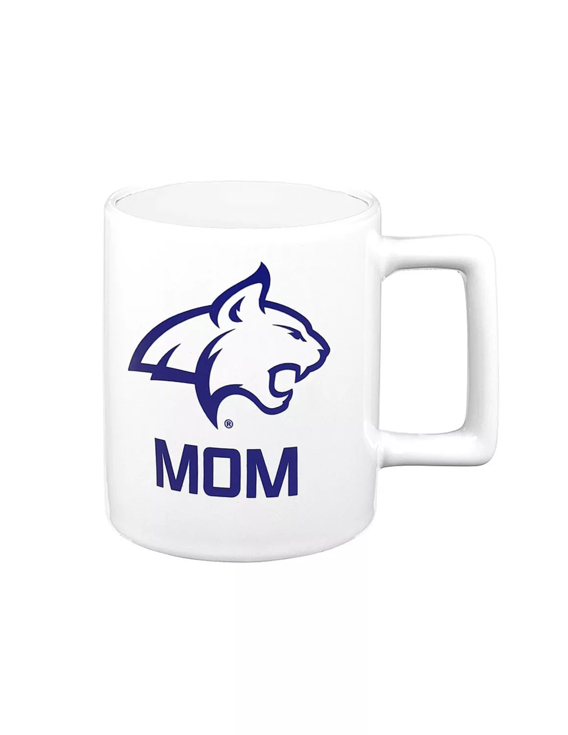 White Montana State University ceramic mug that features a bobcat logo and "mom" text.