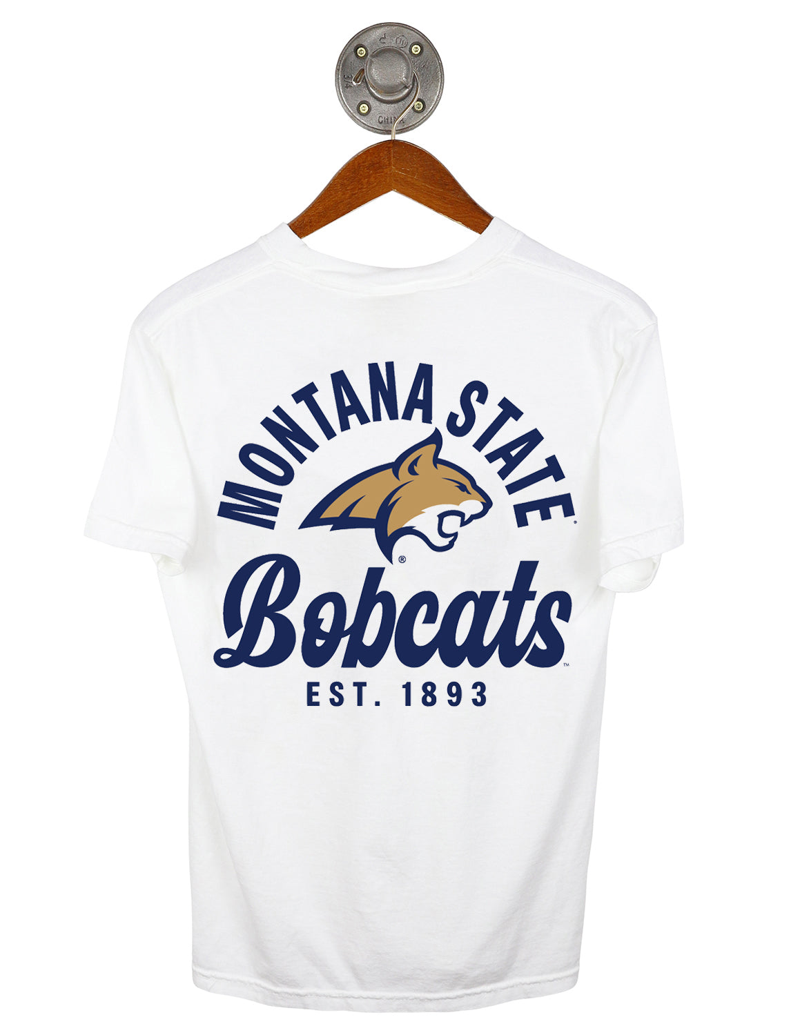 Back-view of white Montana State University unisex short-sleeve t-shirt featuring navy "Montana State University" lettering surrounding a Bobcat logo in the middle.