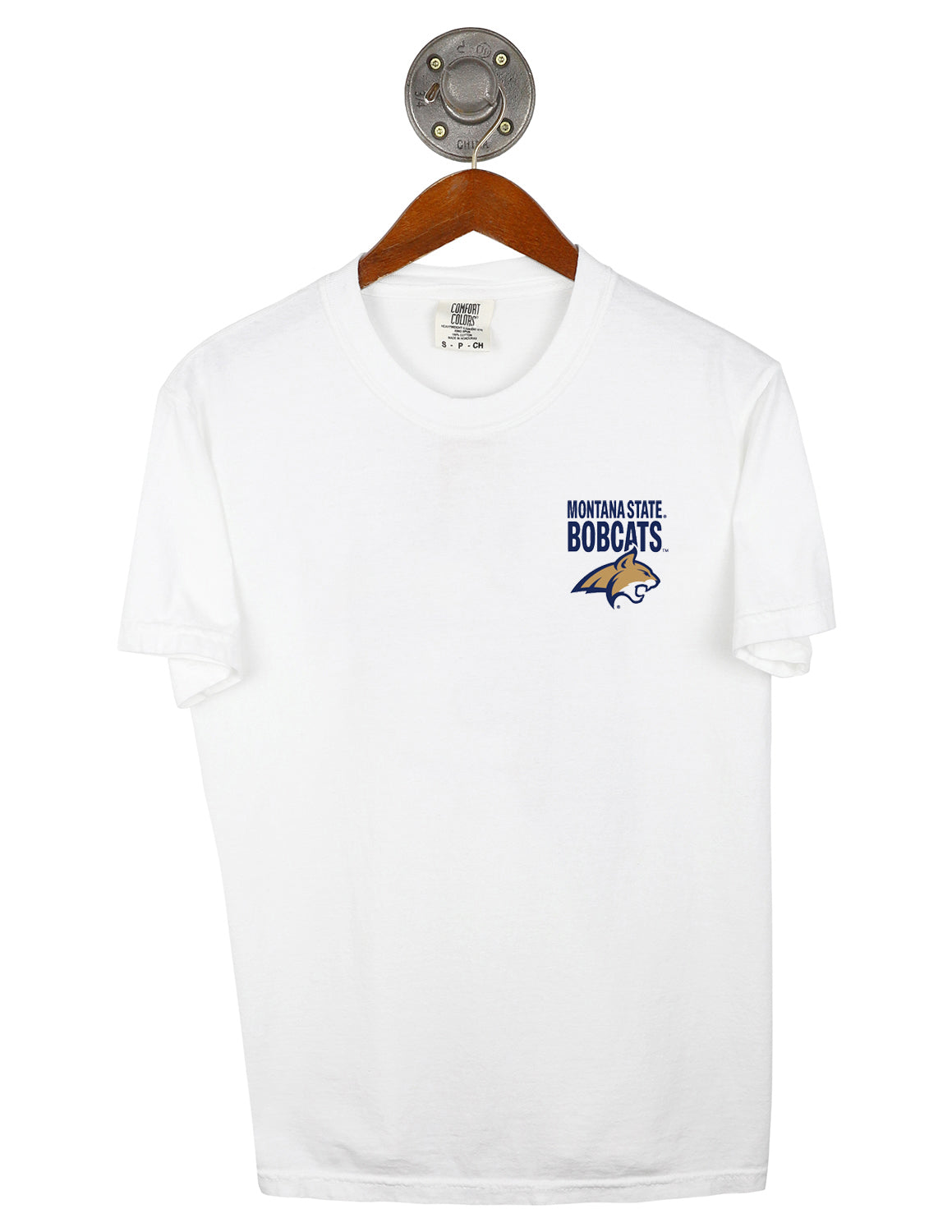 Front-view of white Montana State University unisex short-sleeve t-shirt that features a left chest design of navy "Montana State Bobcats" text above a Bobcat logo.