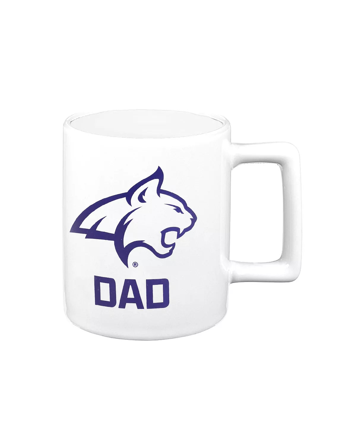 White Montana State University ceramic mug that features a bobcat logo and "dad" text.