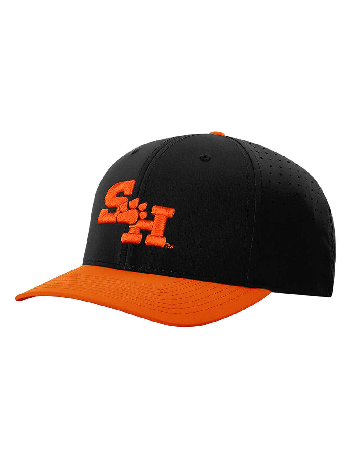 Black Sam Houston State University unisex hat that features an orange brim with an orange Sam Houston State logo embroidered on the front.