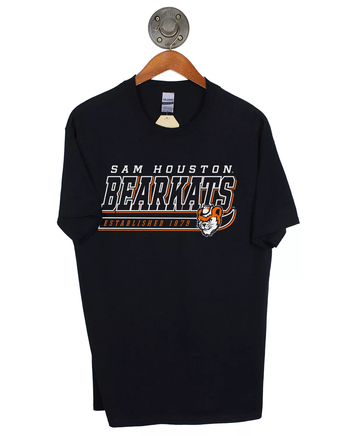 Black unisex Sam Houston State University Gildan t-shirt featuring "Bearkats" text with orange and white print.