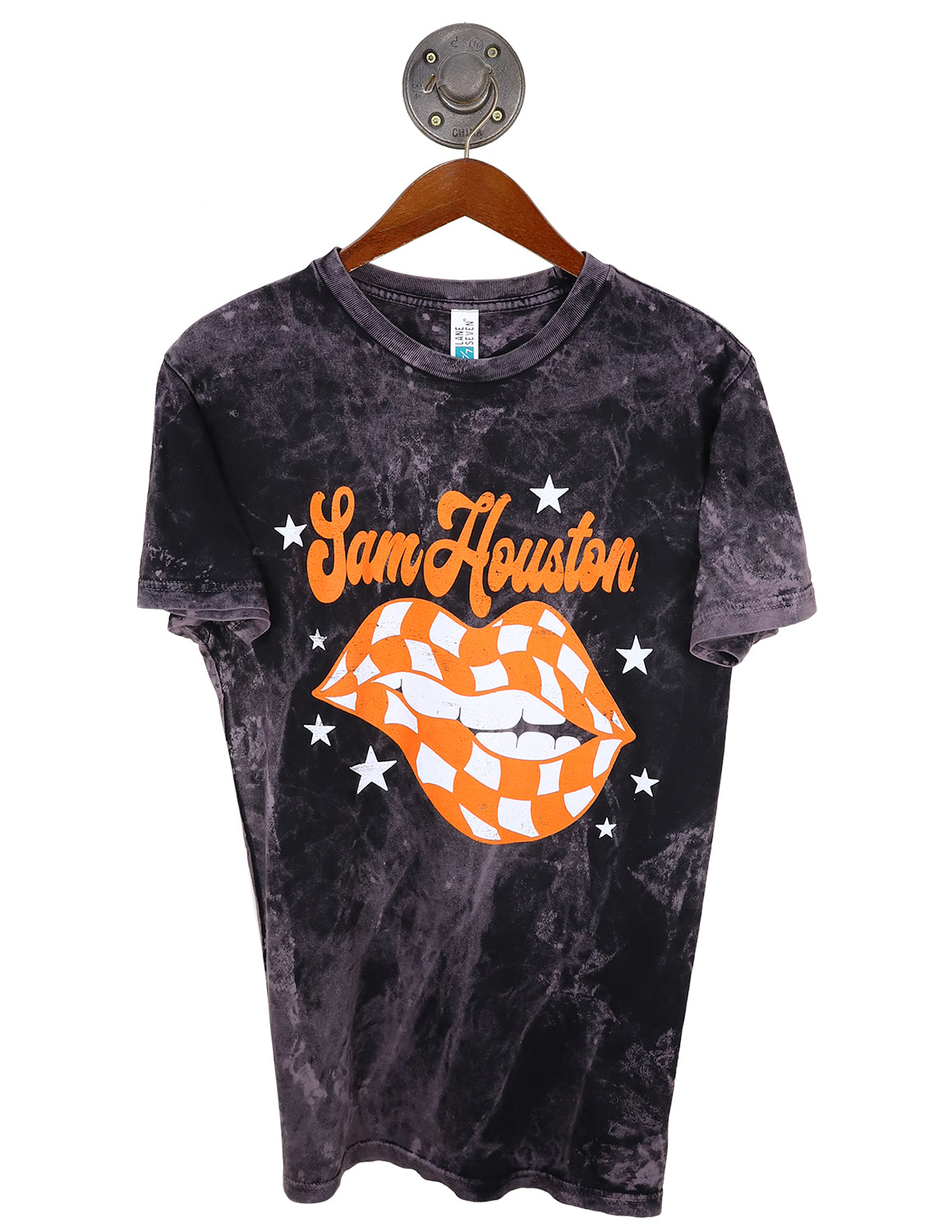 Black tie-dye Sam Houston State University unisex t-shirt that features a checkered lips graphic with orange and white print.