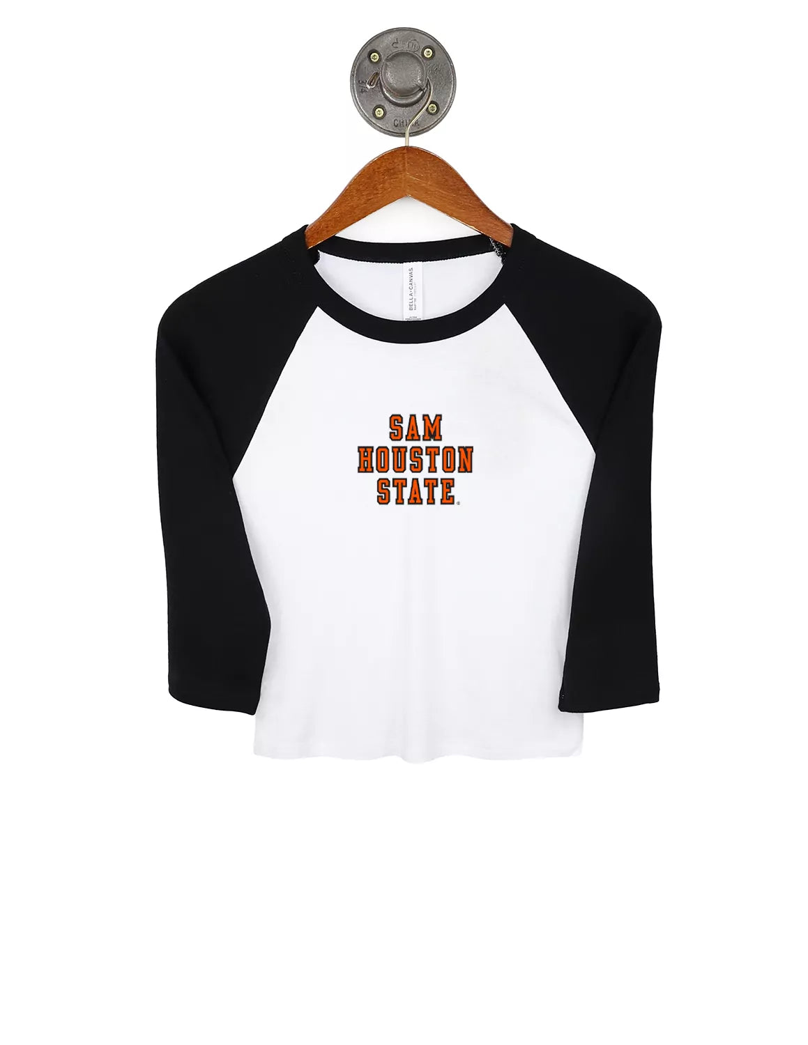 White and black Sam Houston State University fitted cropped raglan tee featuring quarter-length sleeves and a Sam Houston State print on the front.