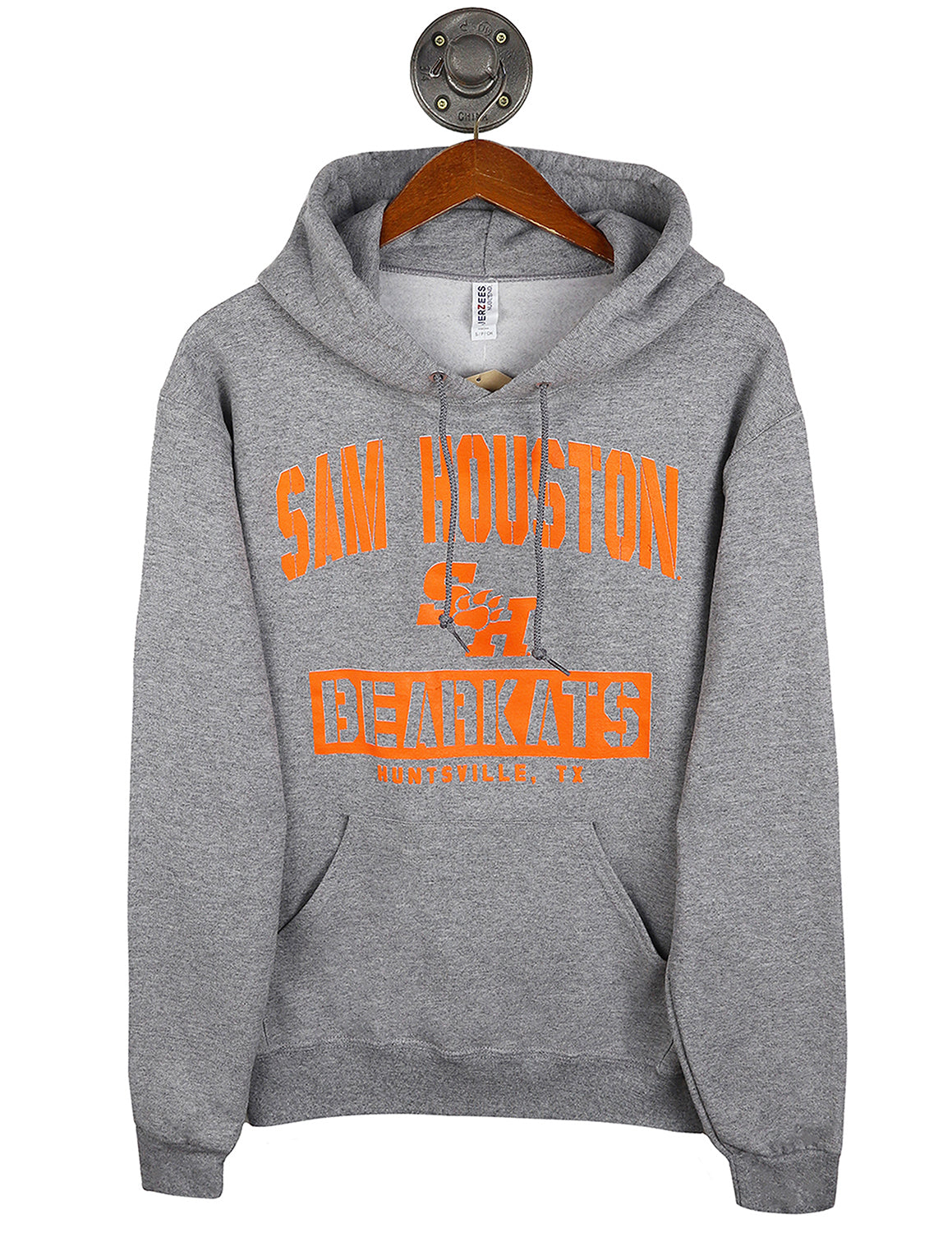 Heather grey Sam Houston State University unisex hoodie that features a SHSU logo with orange lettering.