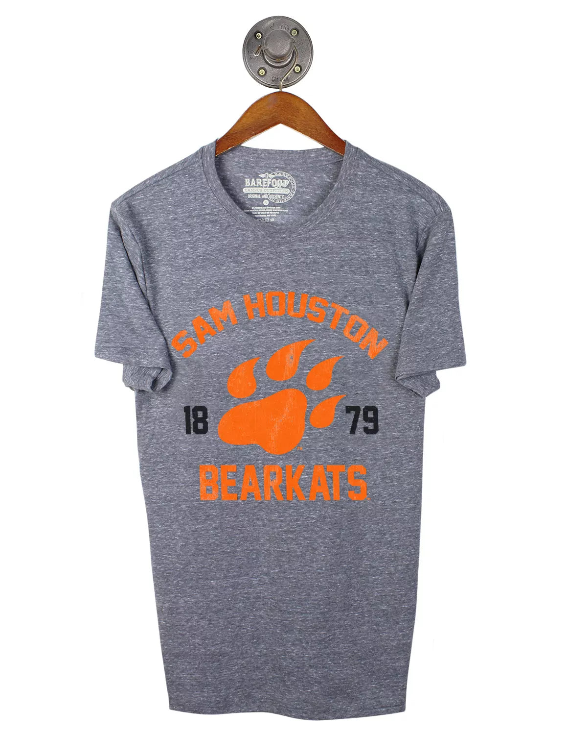 Heather grey Sam Houston State University unisex t-shirt with a Bearkat Paw logo and orange and black lettering.