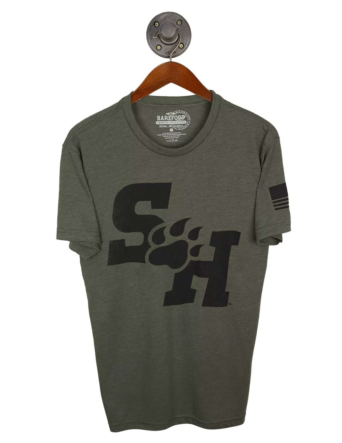 Military green unisex Sam Houston State University t-shirt with black lettering, Bearkat Paw logo, and an American Flag on the sleeve.