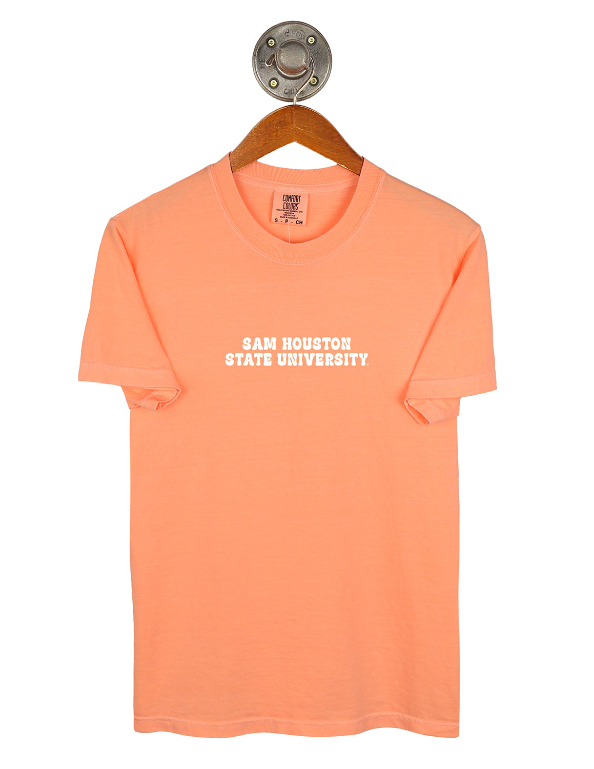 Neon Cantaloupe Sam Houston State University unisex Comfort Colors t-shirt that features small white lettering in the center.