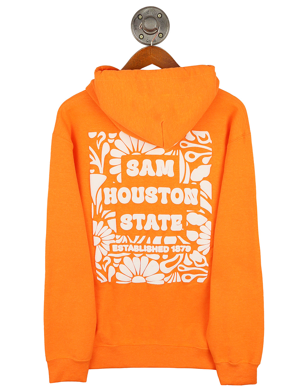 Back-view of orange Sam Houston State University hoodie that features a white floral design with white lettering.